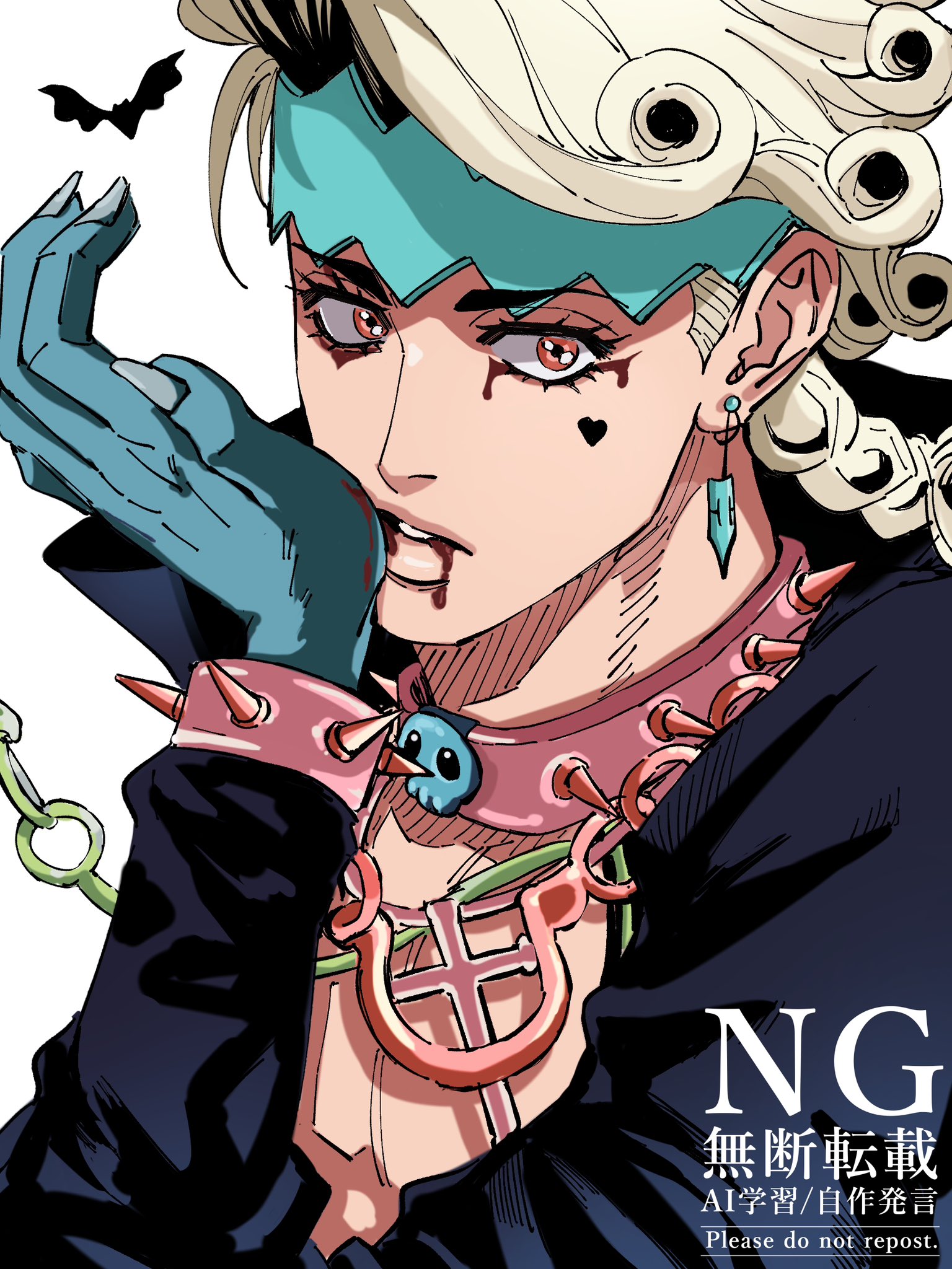ugoupa, kishibe rohan, jojo no kimyou na bouken, kishibe rohan wa ugokanai, highres, 1boy, aqua headband, bat (animal), black shirt, blonde hair, blood, blood from mouth, bracelet, braid, collar, curly hair, earrings, gloves, green gloves, hatching (texture), headband, heart, jewelry, long hair, long sleeves, male focus, official alternate costume, orange eyes, pink collar, shirt, skull ornament, solo, spiked bracelet, spiked collar, spikes, vampire