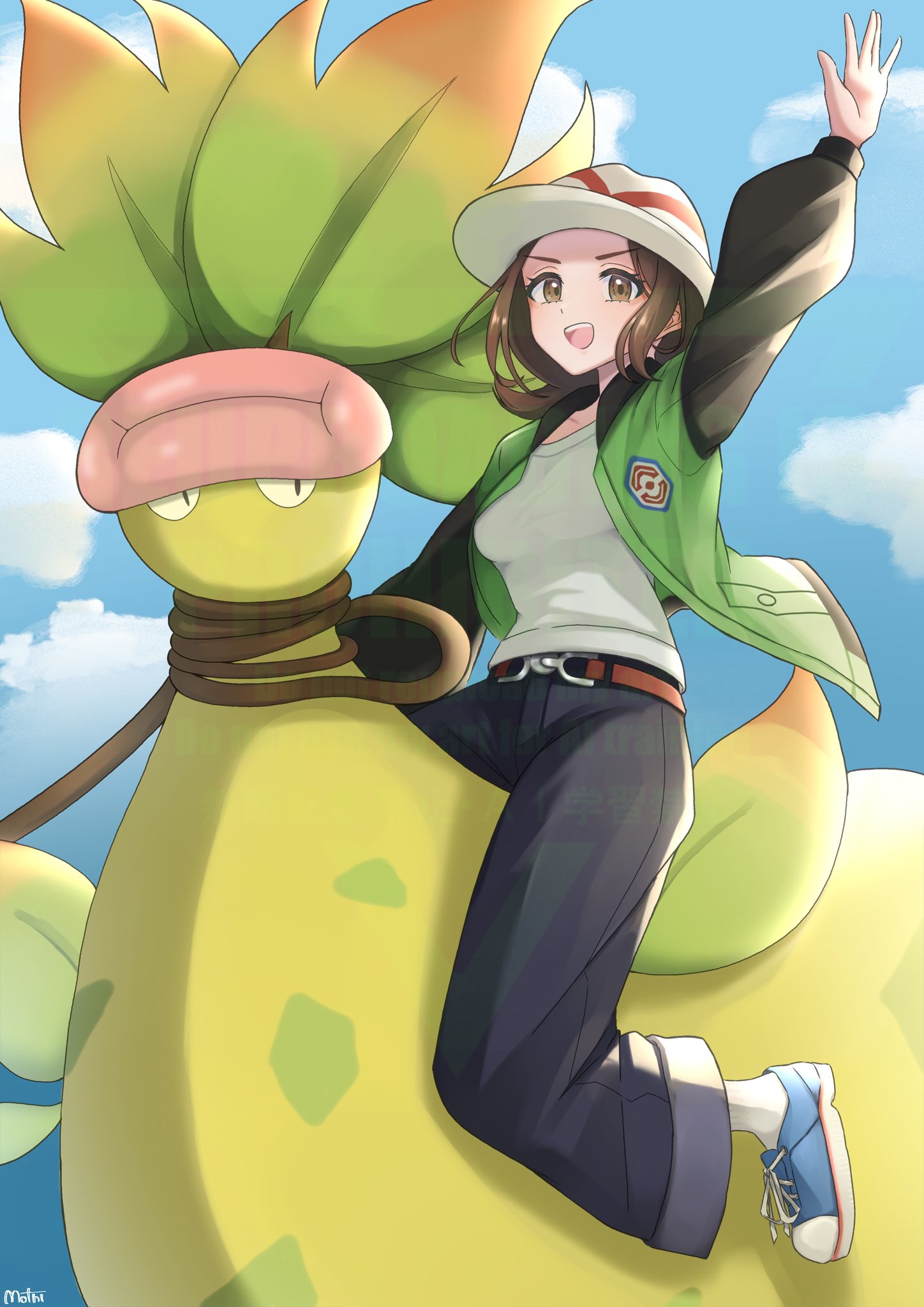 mochitaro (mothitaroo), harmony (pokemon), mega victreebel, victreebel, nintendo, pokemon, pokemon legends: z-a, highres, 1girl, bell-bottoms, belt, blue sky, blush, breasts, brown eyes, brown hair, closed mouth, cloud, colored skin, gen 1 pokemon, green jacket, hat, jacket, leaf, long sleeves, looking at viewer, mega pokemon, open clothes, open jacket, open mouth, pants, pink lips, plant, plant monster, pokemon (creature), riding, riding pokemon, shirt, shoes, short hair, sky, smile, socks, striped hat, teeth, upper teeth only, vines, white hat, white shirt, white socks, yellow skin