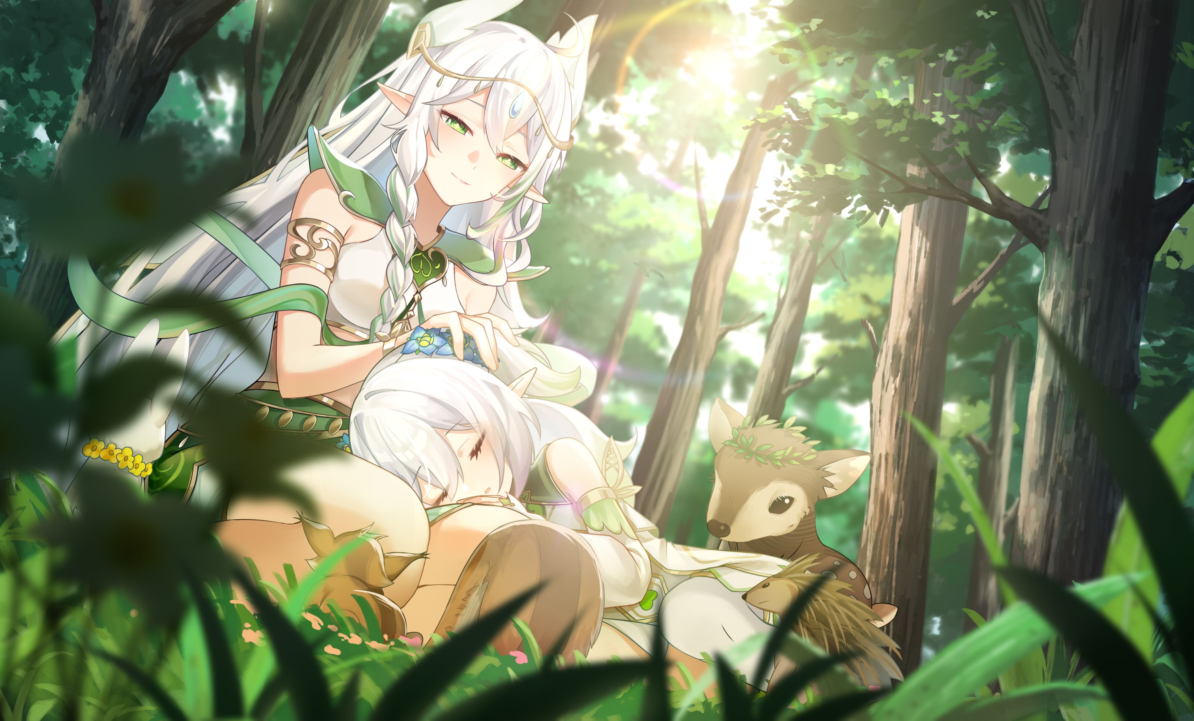 hamilundenongdizhe, nahida (genshin impact), rukkhadevata (genshin impact), genshin impact, absurdres, highres, 2girls, animal, braid, closed eyes, cross-shaped pupils, deer, detached sleeves, dress, flower, forest, green eyes, hair flower, hair ornament, hand on another's head, headpat, hedgehog, lap pillow, long hair, multiple girls, nature, outdoors, pointy ears, rabbit, seiza, side ponytail, sitting, sleeveless, smile, squirrel, sunlight, symbol-shaped pupils, white hair