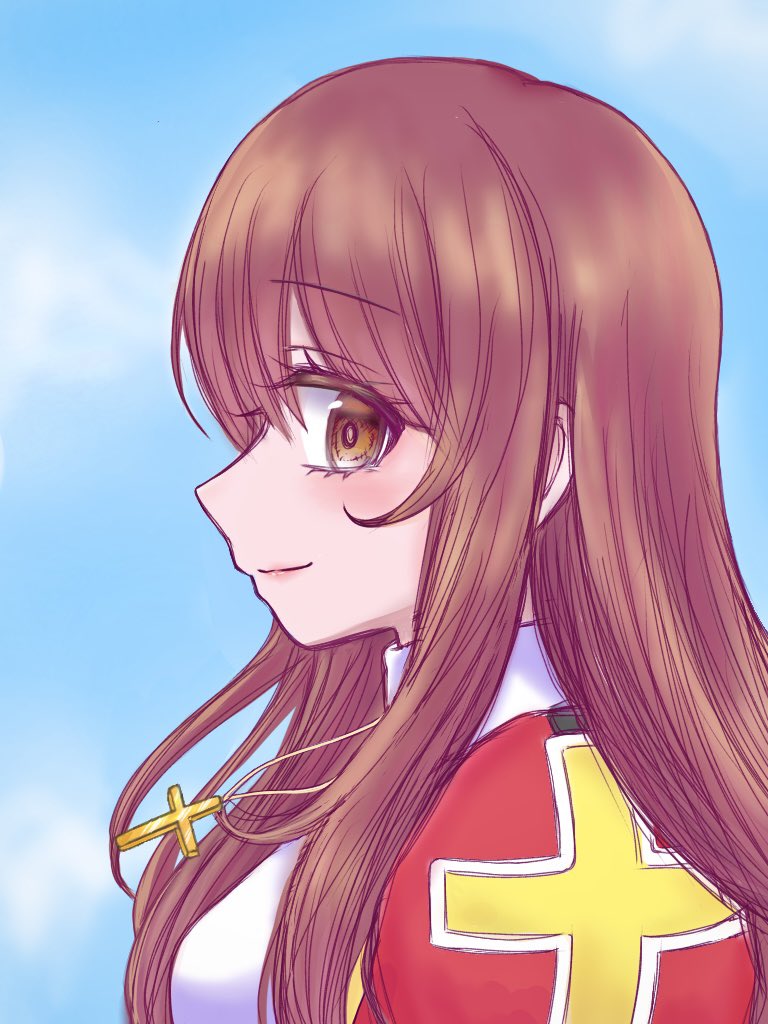 erica fontaine, sakura taisen, sakura taisen iii, blush, brown eyes, brown hair, collar, cross, dress, from side, juliet sleeves, latin cross, long hair, long sleeves, looking at viewer, puffy sleeves, red dress, sakura7tsu, sidelocks, smile, white collar
