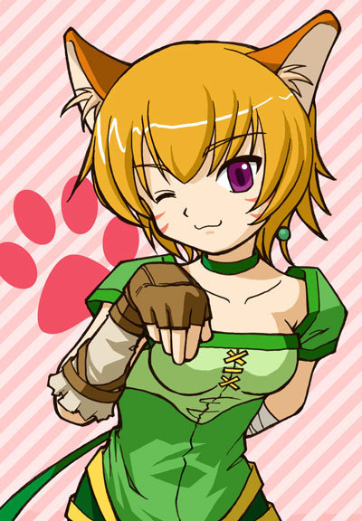 lethe, fire emblem, fire emblem: akatsuki no megami, fire emblem: souen no kiseki, :3, animal ears, bandages, blonde hair, cat ears, collar, game, gloves, laguz (race), purple eyes, short hair, tattoo