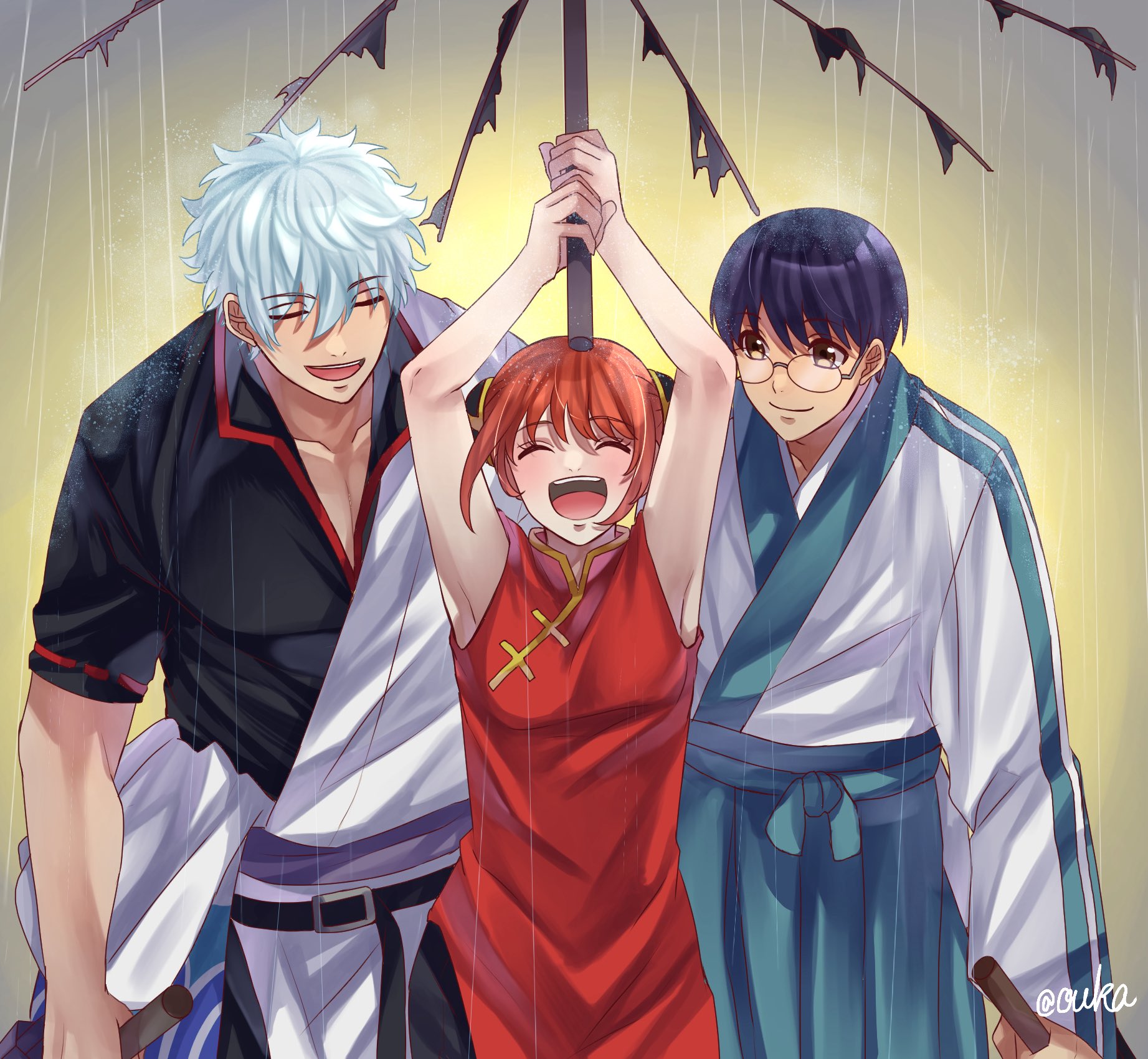 oukasakata, kagura (gintama), sakata gintoki, shimura shinpachi, gintama, commentary request, highres, 1girl, 2boys, :d, ^ ^, arms up, belt, black belt, black shirt, blue hair, blue hakama, broken umbrella, brown eyes, bun cover, china dress, chinese clothes, closed eyes, closed mouth, collarbone, double bun, dress, glasses, hadanugi dousa, hair between eyes, hair bun, hakama, holding, holding sword, holding umbrella, holding weapon, japanese clothes, kimono, long sleeves, multiple boys, open clothes, open kimono, open mouth, orange hair, popped collar, purple hair, rain, red dress, round eyewear, shirt, short hair, short sleeves, sleeveless, sleeveless dress, smile, sword, umbrella, weapon, white kimono, wooden sword
