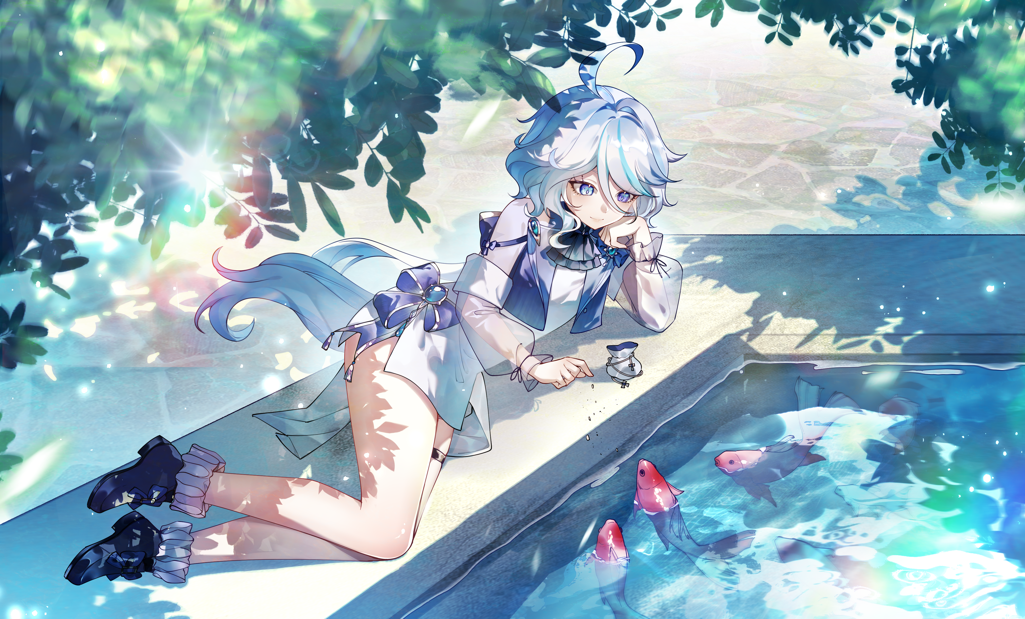 hamilundenongdizhe, furina (genshin impact), genshin impact, absurdres, highres, 1girl, ahoge, alternate costume, blue eyes, blue hair, dress, feeding, fish, hair between eyes, hand on own cheek, hand on own face, long hair, long sleeves, lying, multicolored hair, outdoors, pool, see-through clothes, see-through sleeves, solo, streaked hair, sunlight, thigh strap, two-tone hair, water, white dress, white hair