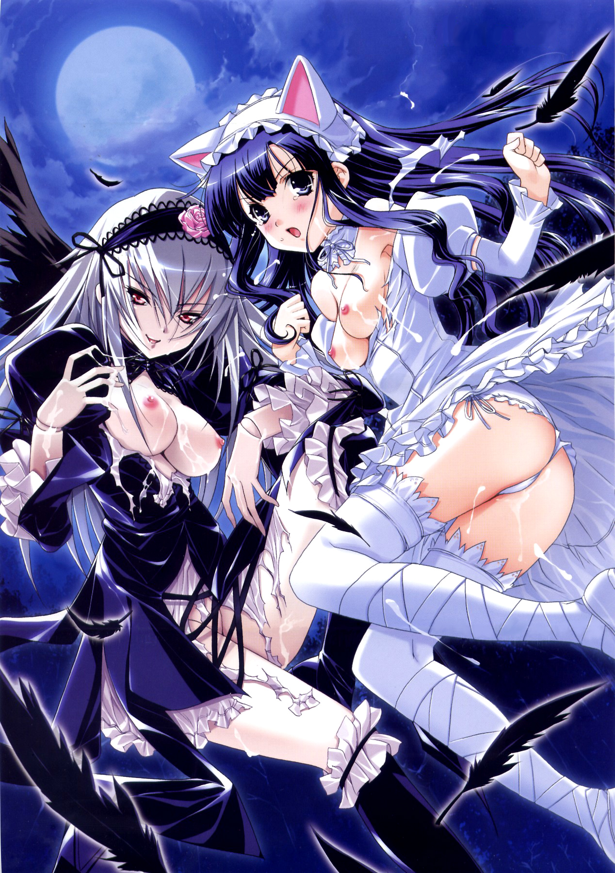 kiya shii, hazuki (tsukuyomi), suigintou, rozen maiden, tsukuyomi moonphase, frilled legwear, white legwear, highres, 00s, 2girls, animal ears, black wings, blue eyes, blue hair, blush, boots, breasts, cat ears, choker, cum, cum string, doll, dress, feathers, flower, gothic lolita, grey hair, hairband, knee boots, large breasts, loli, lolita fashion, lolita hairband, long hair, medium breasts, mercury lampe, moon, multiple girls, nipples, open mouth, panties, red eyes, saliva, side-tie panties, smile, tears, thighhighs, tongue, torn clothes, underwear, white hair, wings