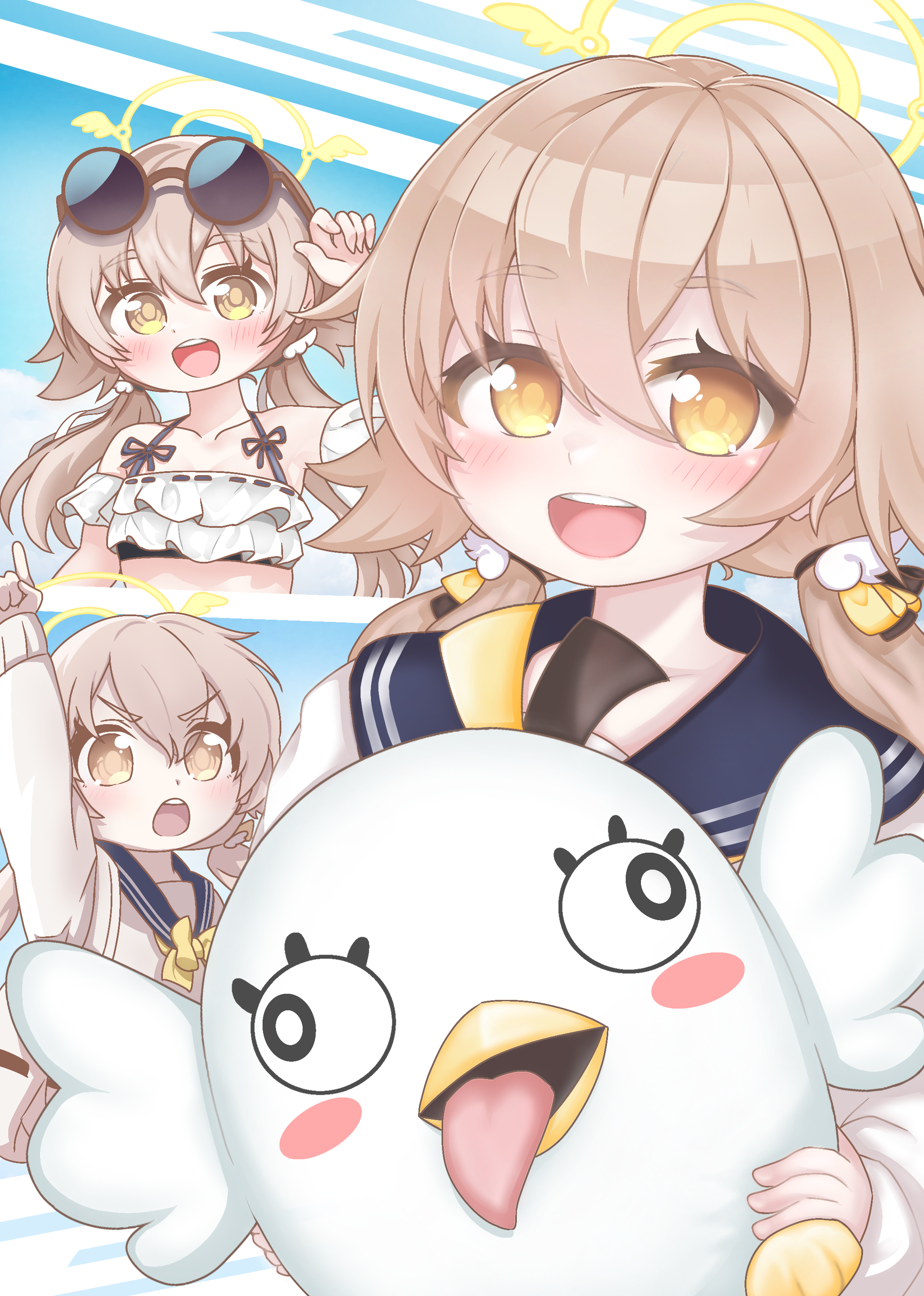 tomimon, hifumi (blue archive), hifumi (swimsuit) (blue archive), peroro (blue archive), blue archive, absurdres, commentary request, highres, 1girl, :d, arm up, bare shoulders, bikini, blue sailor collar, blush, bow, brown eyes, brown hair, collarbone, eyewear on head, hair between eyes, halo, index finger raised, long hair, long sleeves, low twintails, multiple girls, open mouth, puffy long sleeves, puffy sleeves, ribbon-trimmed bikini, ribbon trim, round eyewear, sailor collar, school uniform, serafuku, smile, sunglasses, sweater, swimsuit, thick eyebrows, twintails, white bikini, white sweater, yellow bow