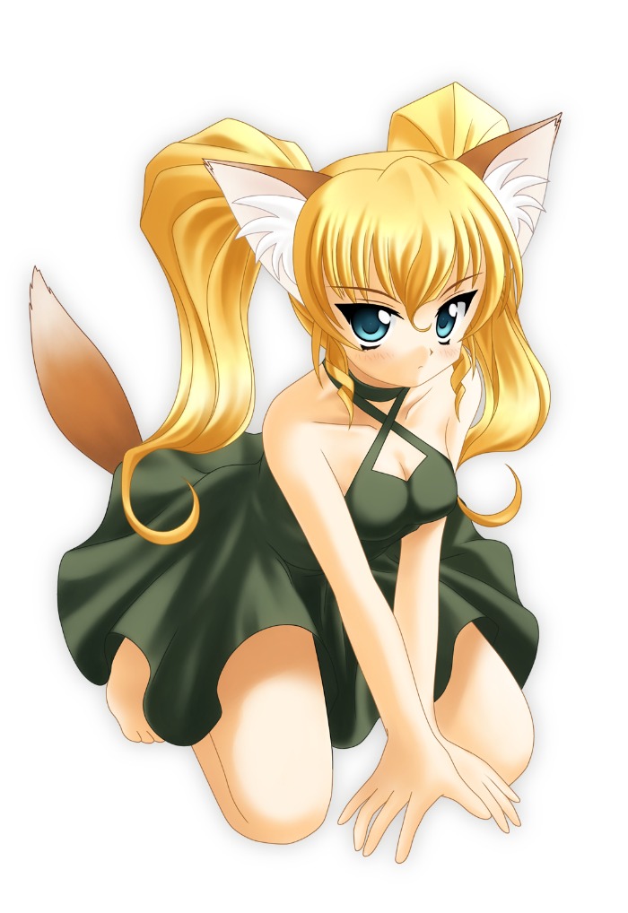 mammal ayu, kimi ga nozomu eien, 00s, animal ears, ayu daikuuji, barefoot, blonde hair, blue eyes, dress, fox ears, fox tail, kgne, kimi ga, long hair, tail, twintails