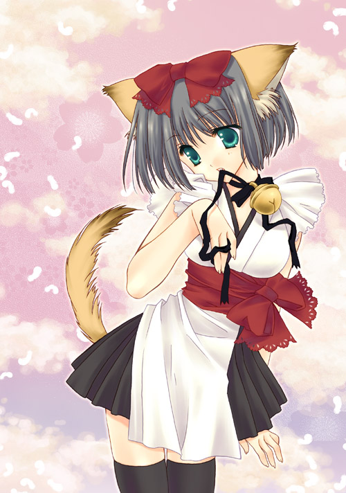 animal ears, bell, black hair, blue eyes, bow, cat ears, collar, green eyes, ribbon, short hair, skirt, thighhighs