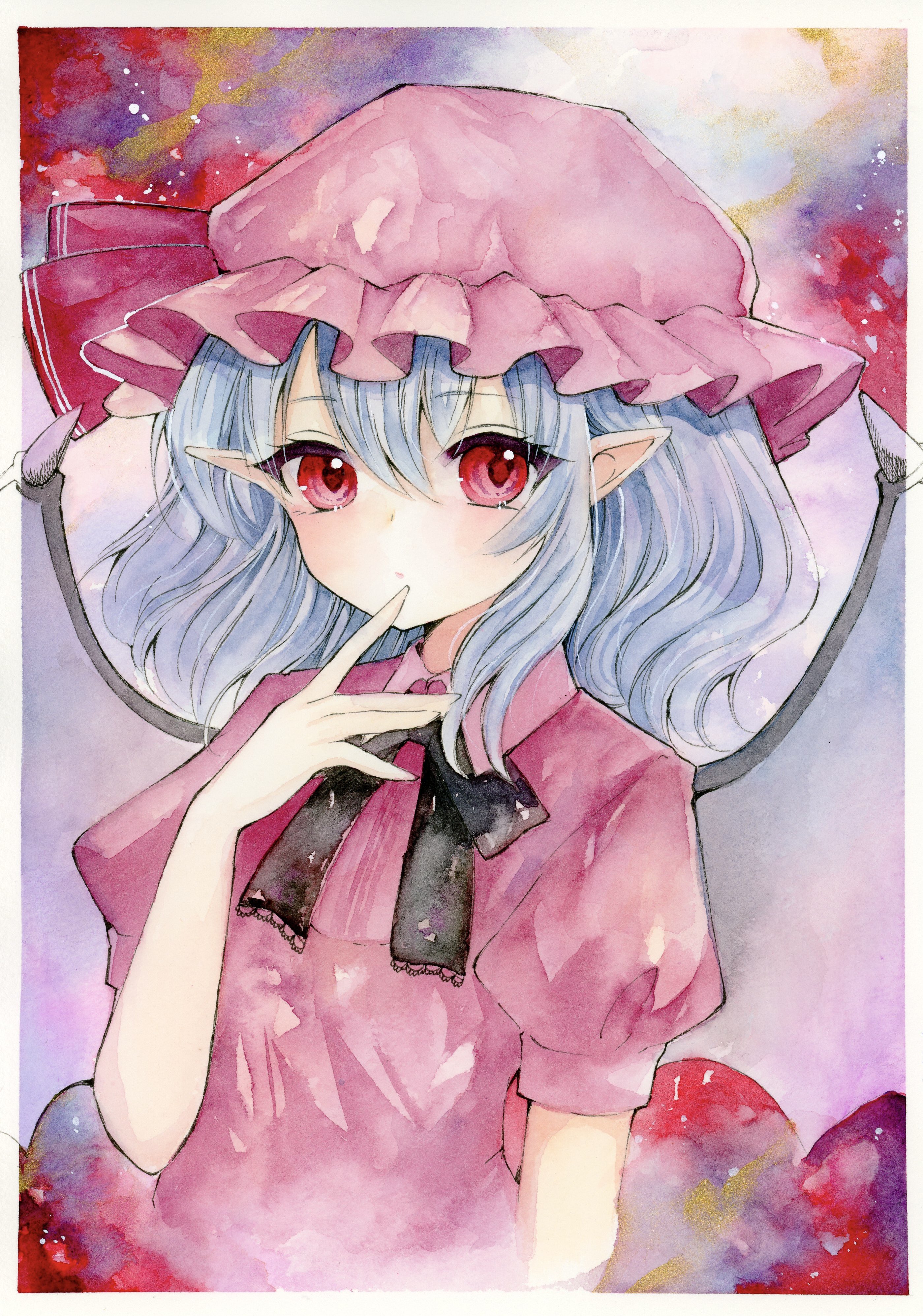 yuuki hana (jtnp5334), remilia scarlet, touhou, absurdres, commentary request, highres, marker (medium), painting (medium), traditional media, 1girl, bat wings, blue hair, bow, collared shirt, hair between eyes, hat, hat ribbon, looking at viewer, mob cap, pink hat, pink shirt, pointy ears, puffy short sleeves, puffy sleeves, red eyes, red ribbon, ribbon, shirt, short hair, short sleeves, solo, upper body, wings