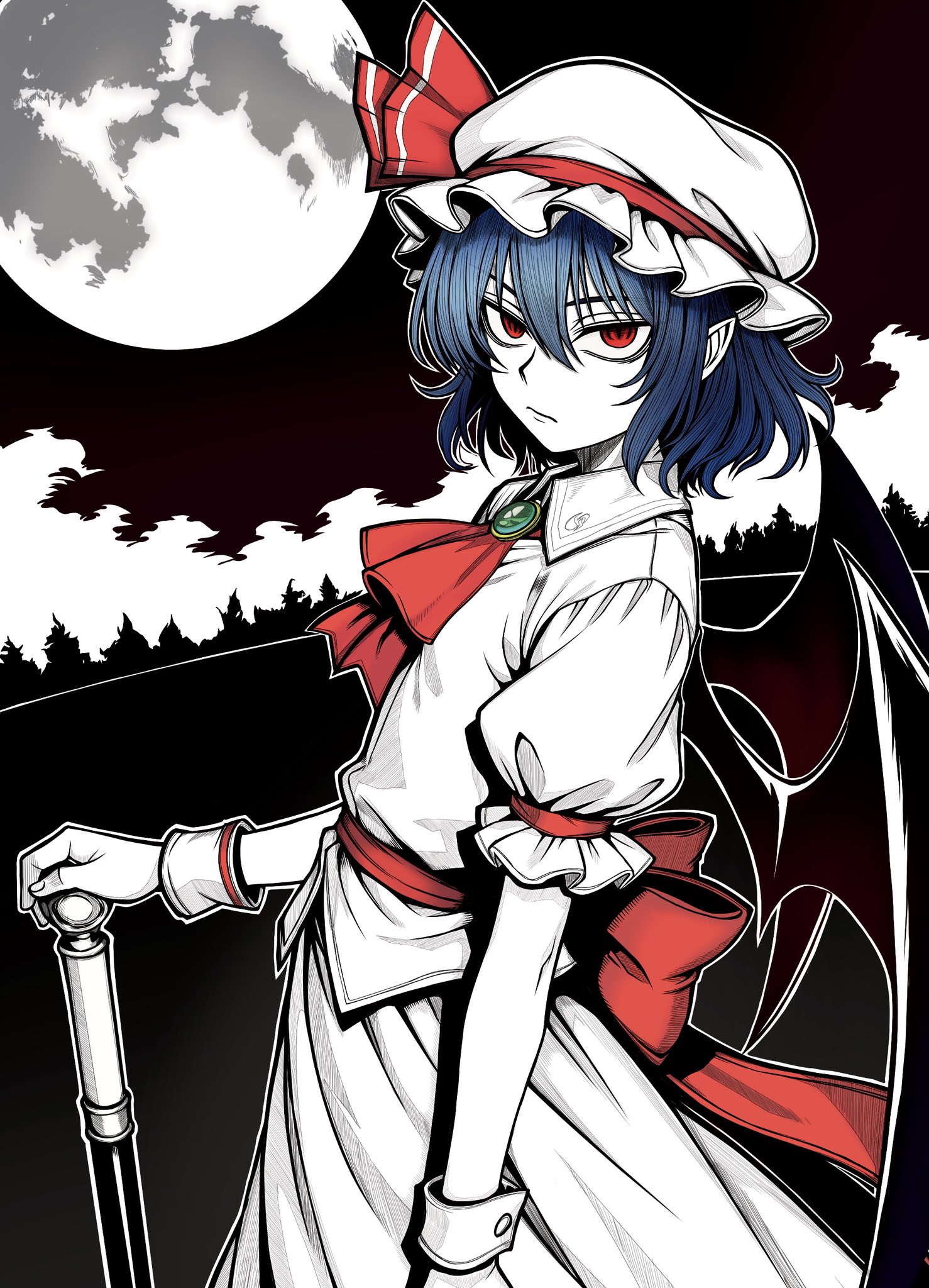 ryoan (voyagehermitage), remilia scarlet, touhou, commentary request, highres, 1girl, ascot, bat wings, blue hair, brooch, cane, collared shirt, full moon, hair between eyes, hat, hat ribbon, holding, holding cane, jewelry, looking at viewer, mob cap, moon, night, outdoors, pointy ears, puffy short sleeves, puffy sleeves, red ascot, red eyes, red ribbon, ribbon, shirt, short hair, short sleeves, skirt, solo, white hat, white shirt, white skirt, wings, wrist cuffs