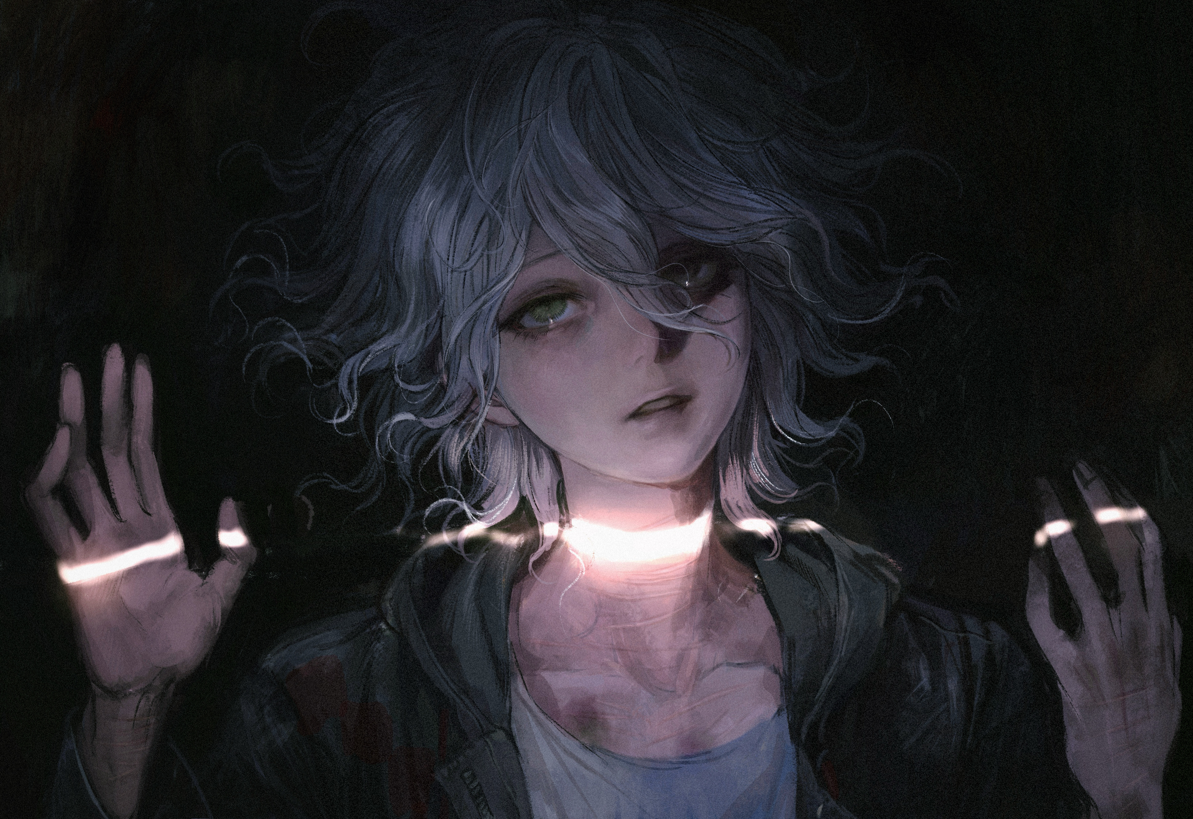 seapall, komaeda nagito, danganronpa (series), danganronpa 2: goodbye despair, absurdres, commentary, highres, 1boy, black background, close-up, green eyes, grey hair, hair between eyes, hands up, hood, hood down, looking at viewer, male focus, parted lips, simple background, solo, sunlight, upper body, wavy hair