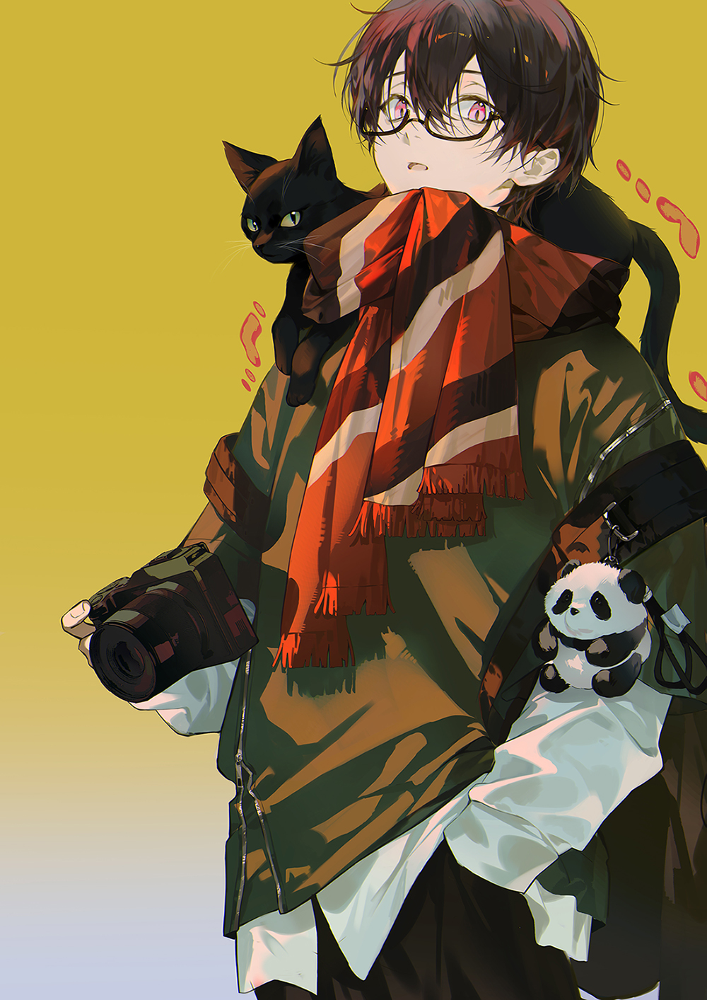 xiaojiaju, original, highres, 1boy, animal, animal on shoulder, black cat, brown coat, brown hair, camera, cat, cat on shoulder, charm (object), coat, cowboy shot, glasses, gradient background, hand in pocket, holding, holding camera, long sleeves, looking at viewer, male focus, open mouth, pink eyes, red scarf, scarf, short hair, simple background, solo, yellow background