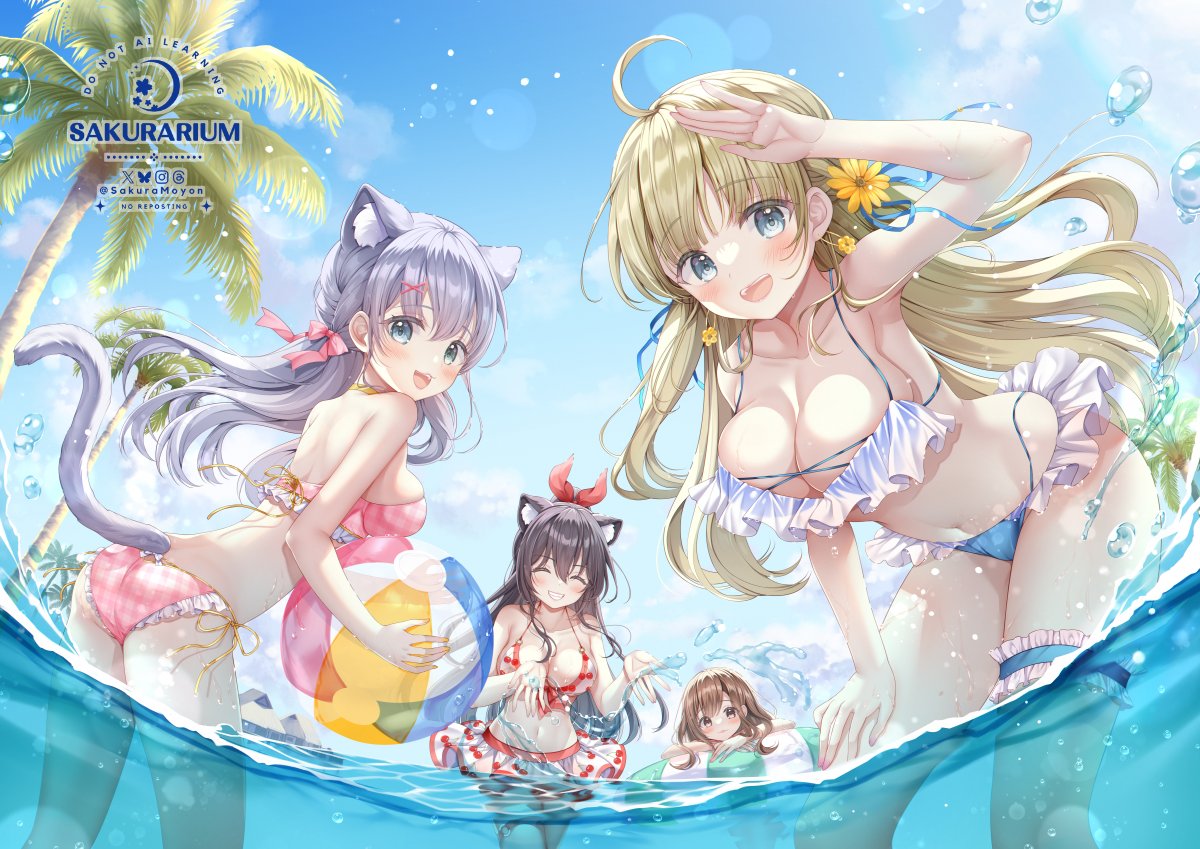 sakura moyon, original, 4girls, animal ear fluff, animal ears, armpits, ass, ball, bare shoulders, beachball, bikini, bikini skirt, black hair, blonde hair, blue bikini, blue eyes, blue sky, blush, bow, breasts, brown eyes, brown hair, cat ears, cat girl, cat tail, cleavage, closed eyes, closed mouth, flower, grey hair, hair bow, hair flower, hair ornament, holding, holding ball, holding beachball, innertube, large breasts, long hair, multiple girls, navel, open mouth, outdoors, palm tree, pink bikini, plaid bikini, plaid clothes, red bikini, sky, smile, stomach, swim ring, swimsuit, tail, thigh strap, tree, water, white bikini