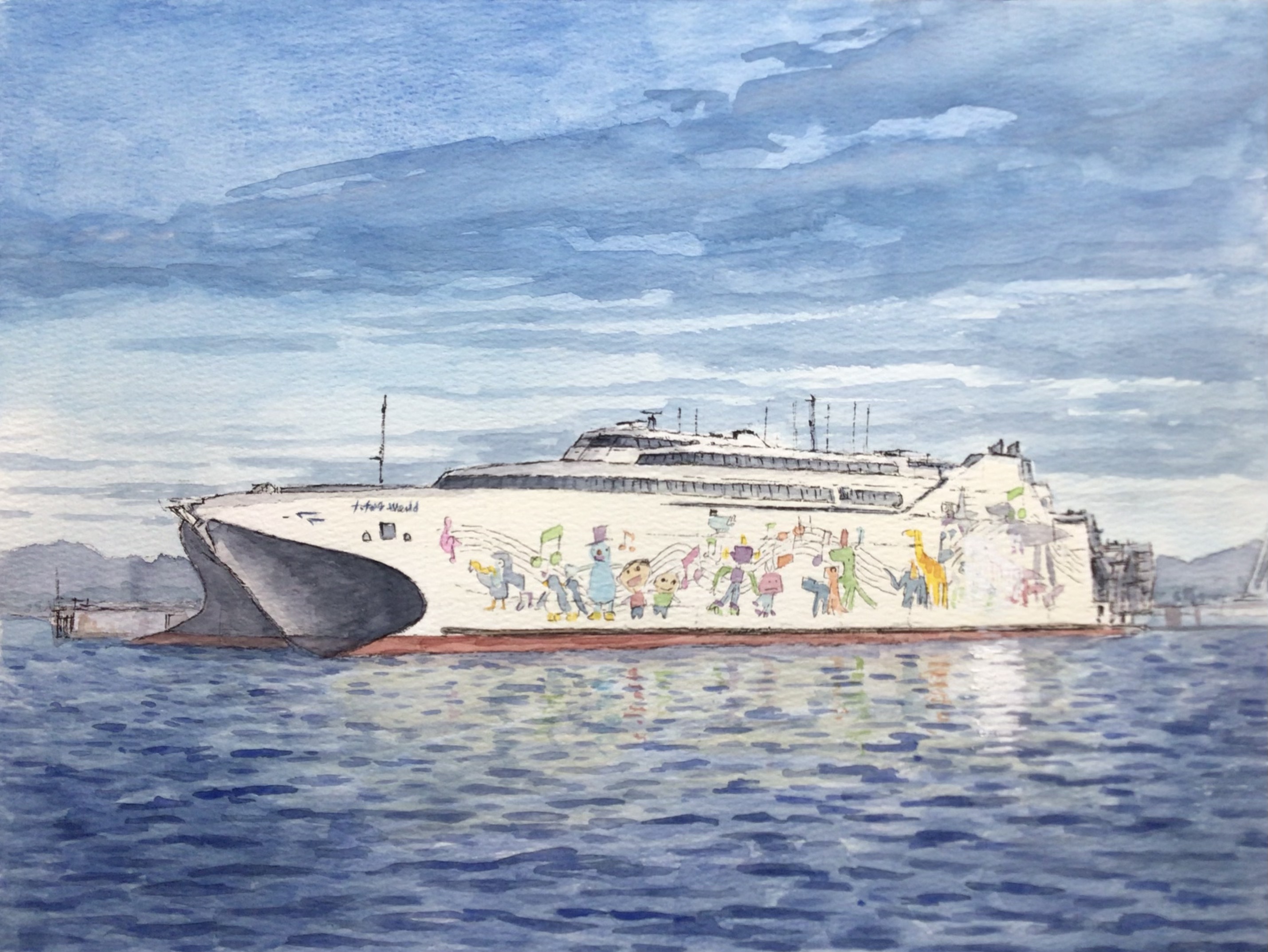 atelier bono, original, commentary request, highres, painting (medium), traditional media, watercolor (medium), blue sky, cloud, ferry (ship), natchan rera (ferry), no humans, ocean, outdoors, ship, sky, vehicle focus, watercraft