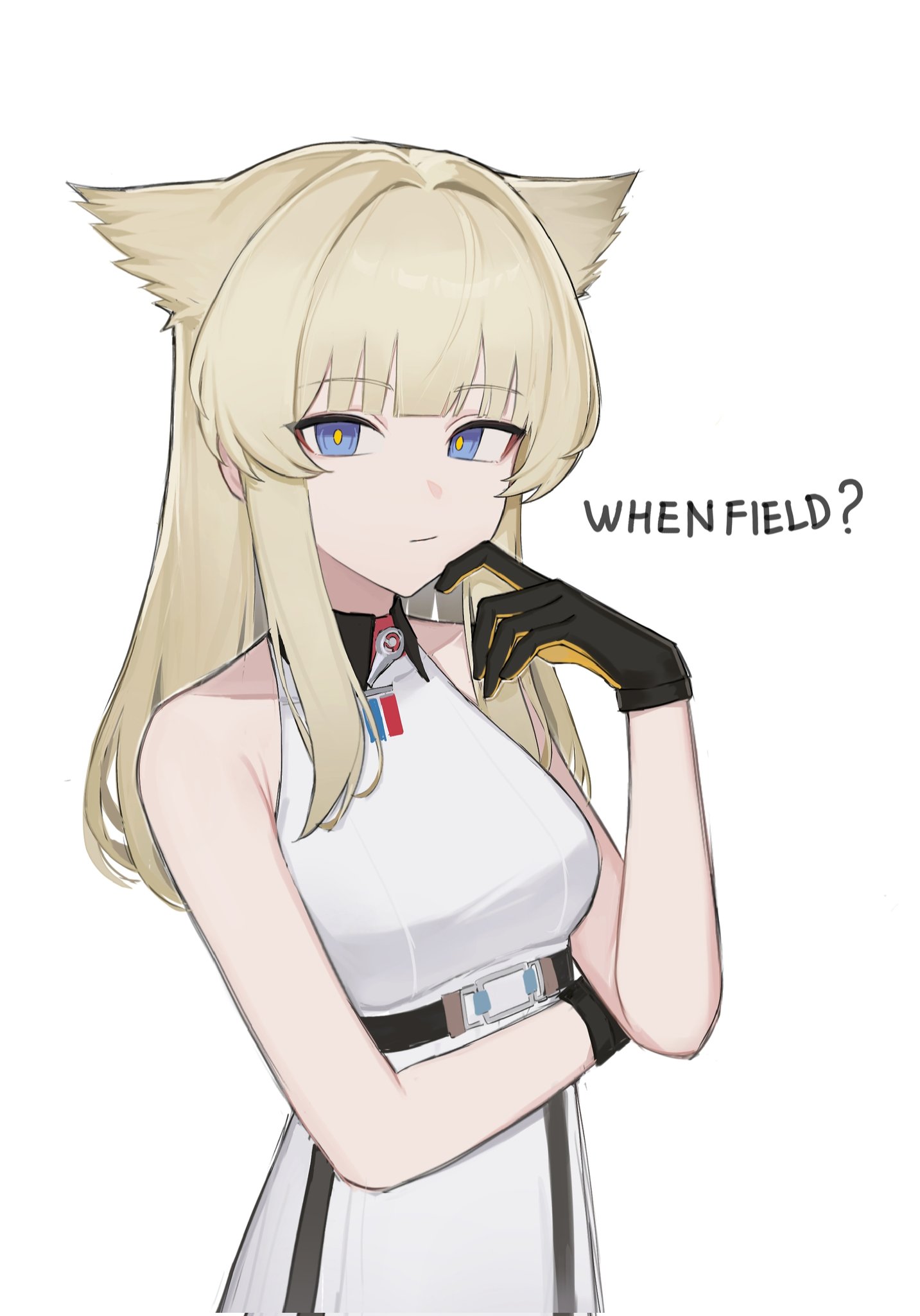 bajigurr, perlica (arknights), arknights, arknights: endfield, commentary, corrupted twitter file, english commentary, highres, 1girl, :/, animal ears, arm under breasts, bird ears, bird girl, black gloves, blonde hair, breasts, closed mouth, dress, english text, gloves, hand up, looking at viewer, medium breasts, simple background, sleeveless, sleeveless dress, solo, upper body, white background, white dress, yellow pupils