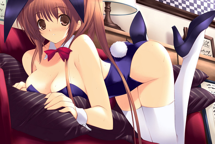 iizuki tasuku, kasumi (doa), dead or alive, tecmo, game cg, 1girl, blush, brown eyes, brown hair, cuffs, female focus, high heels, leotard, long hair, playboy bunny, ponytail, shoes, solo, thighhighs