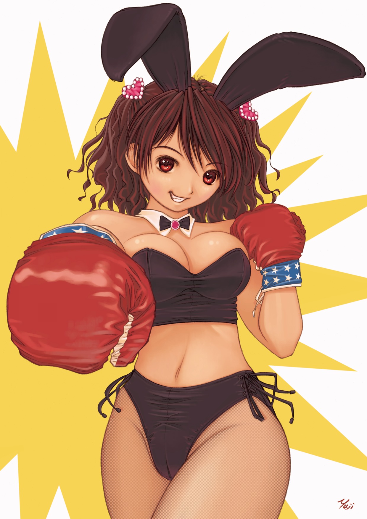bunny girl, highres, animal ears, bow, boxing gloves, brown hair, collar, fishnets, gloves, panties, pantyhose, rabbit ears, red eyes, short hair, side-tie panties, underwear