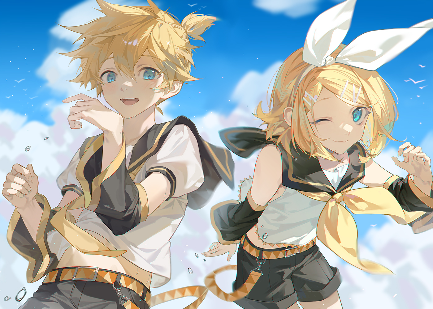xiaojiaju, kagamine len, kagamine rin, vocaloid, 1boy, 1girl, arms up, bare shoulders, belt, belt buckle, bird, black sailor collar, black shorts, blonde hair, blue eyes, bow, brother and sister, buckle, cloud, cowboy shot, day, detached sleeves, hair between eyes, hair bow, hair ornament, hairband, hairclip, lens flare, light blush, light smile, looking at viewer, neckerchief, necktie, one eye closed, open mouth, outdoors, ponytail, sailor collar, sailor shirt, school uniform, serafuku, shirt, short hair, short ponytail, short sleeves, shorts, siblings, sky, swept bangs, teeth, upper teeth only, water drop, white bird, white bow, yellow neckerchief, yellow necktie
