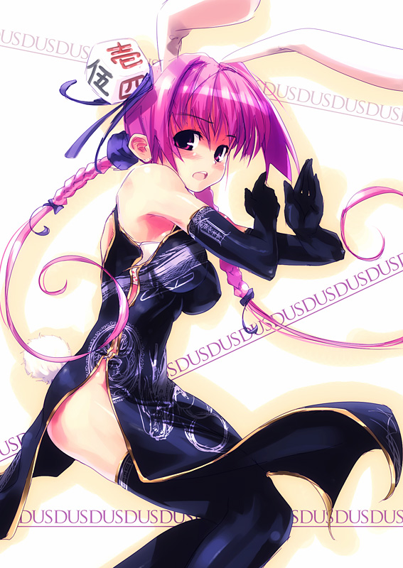 refeia, usada hikaru, di gi charat, 1girl, animal ears, blush, braid, china dress, chinese clothes, dress, female focus, gloves, long hair, pink eyes, pink hair, plait, purple hair, rabbit ears, solo, thighhighs, twintails