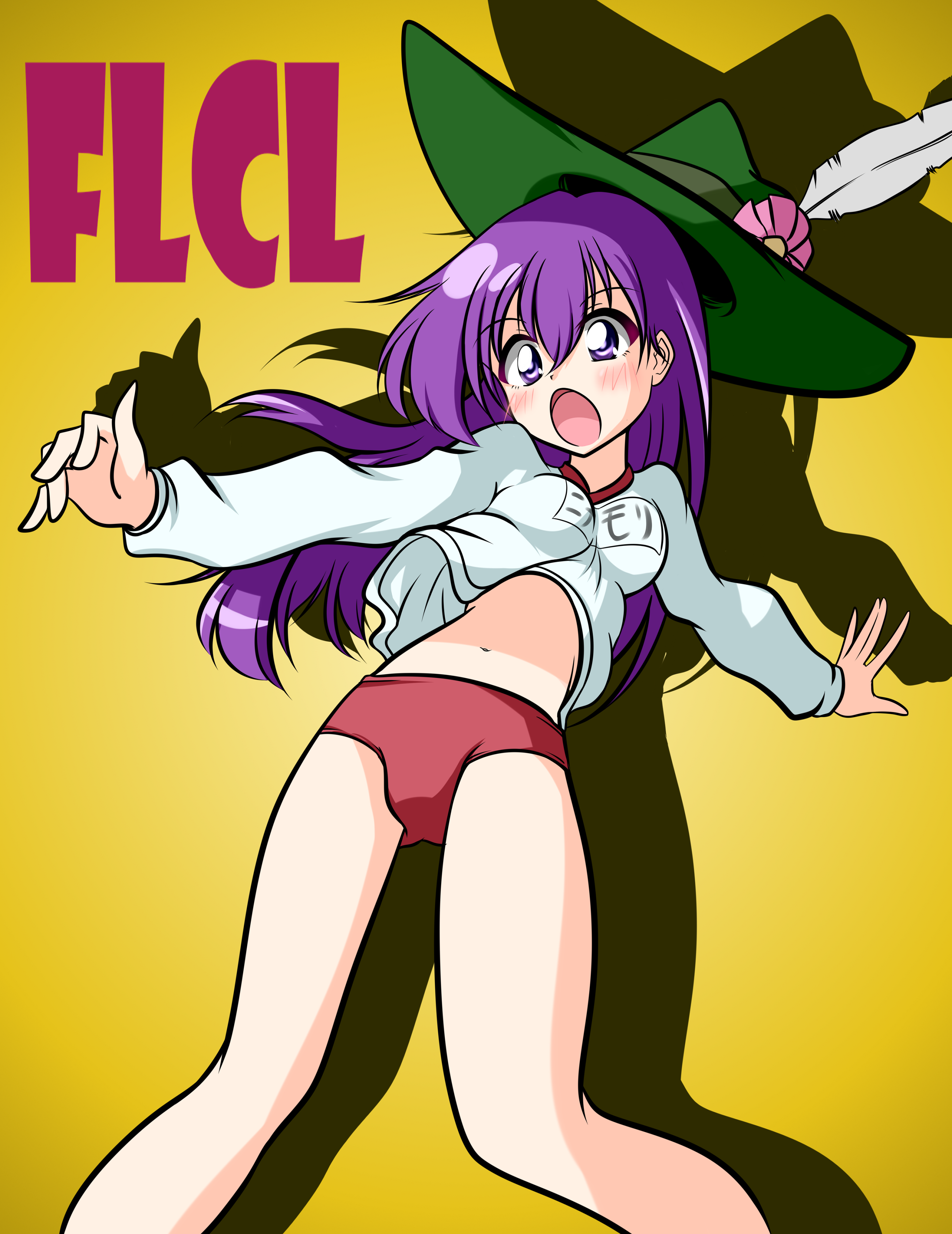 ninamori eri, flcl, arms outward, bare legs, crotch, hat, hat feather, long sleeves, navel, open mouth, pantyhose, purple hair, red pantyhose