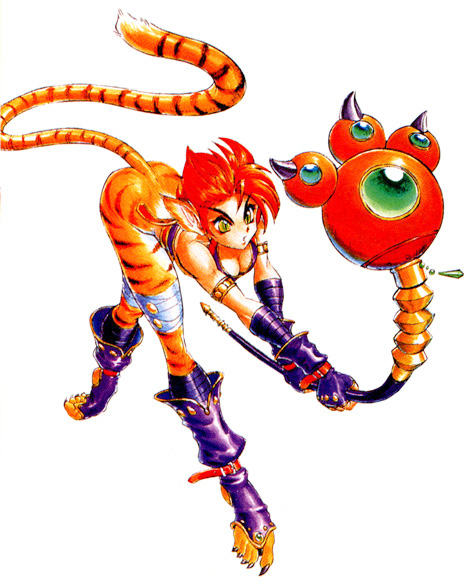 katt (breath of fire), breath of fire, breath of fire ii, capcom, striped, animal ears, armor, bandages, cat ears, game, gloves, green eyes, no panties, red hair, short hair