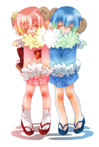 2girls, blue hair, blush, horns, japanese clothes, kimono, multiple girls, pink hair, sheepgirl, short hair, siblings, sisters, tabi, twins