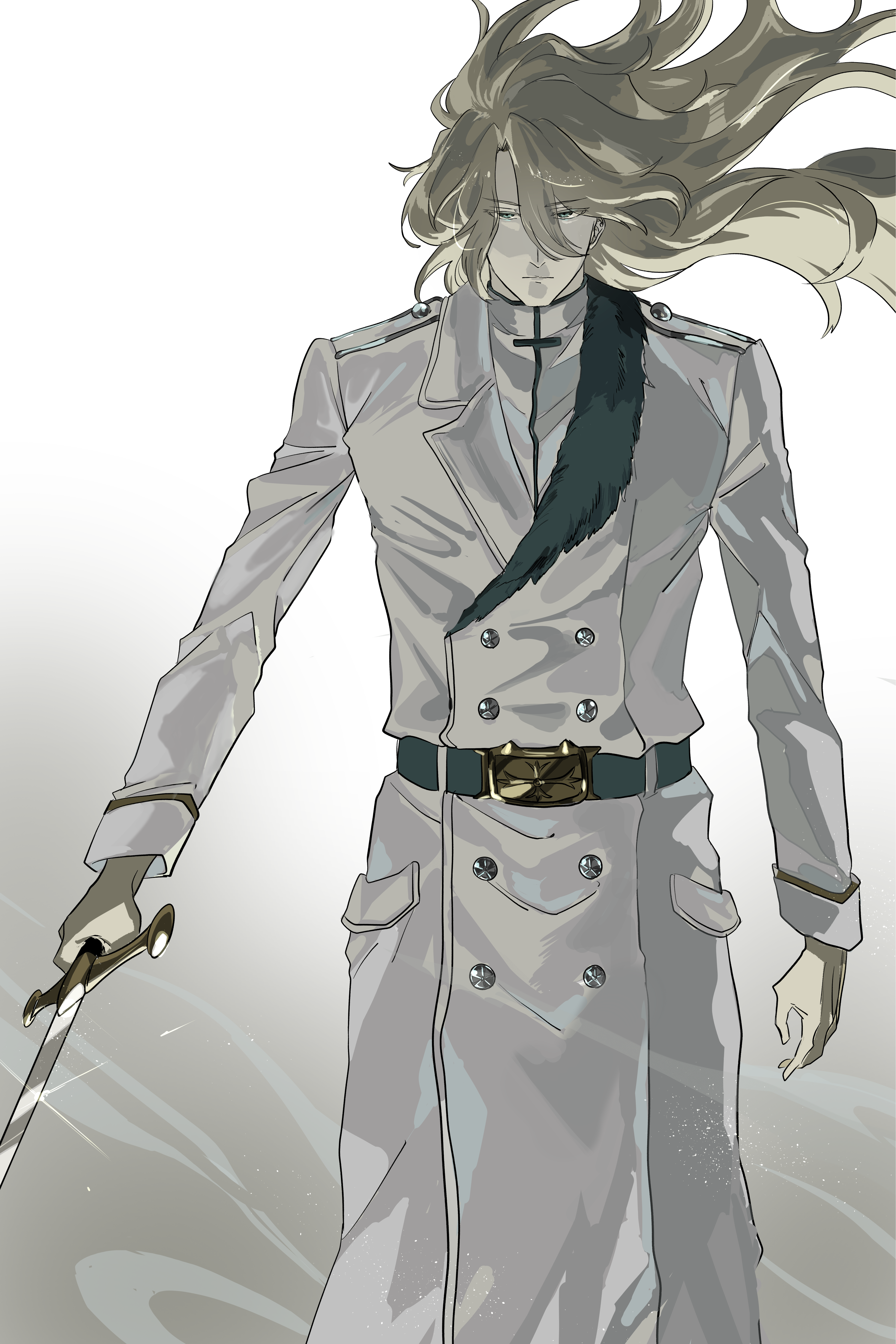 nil note0, jugram haschwalth, bleach, bleach: sennen kessen-hen, absurdres, commentary, highres, 1boy, arm at side, belt, black belt, blonde hair, buttons, closed mouth, colored eyelashes, cowboy shot, double-breasted, expressionless, eyes visible through hair, fighting stance, floating hair, green eyes, hair between eyes, holding, holding sword, holding weapon, jacket, long hair, long sleeves, looking at viewer, male focus, military uniform, shirt, simple background, solo, split mouth, standing, sword, tsurime, v-shaped eyebrows, weapon, white background, white jacket, white shirt