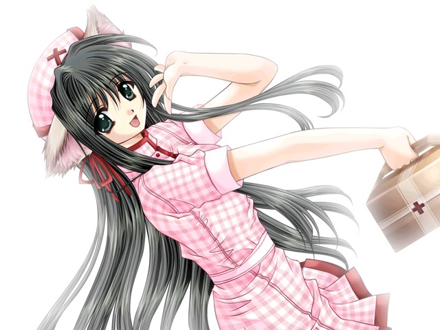 game cg, 1girl, animal ears, black hair, bow, dog ears, dress, female focus, gradient background, hat, long hair, nurse, solo, two one
