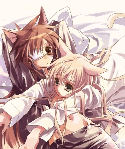 loveless, lowres, 00s, 2boys, animal ears, blonde hair, brown eyes, brown hair, cat ears, grey eyes, long hair, multiple boys, open clothes, open shirt, shirt, white shirt