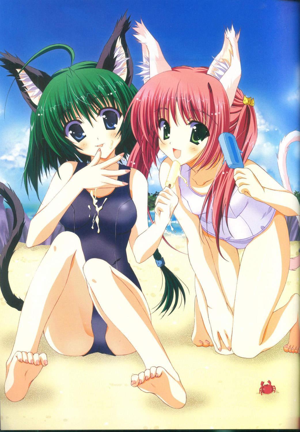 naruse mamoru, dengeki moeoh, original, highres, 2girls, ahoge, animal, animal ears, animal hair ornament, barefoot, beach, black one-piece swimsuit, blue eyes, breasts, cat ears, cat girl, cat hair ornament, cat tail, cloud, collarbone, crab, food, green eyes, green hair, hair ornament, holding, kneeling, licking, long hair, looking at viewer, multiple girls, ocean, one-piece swimsuit, open mouth, pink hair, popsicle, sand, school swimsuit, sexually suggestive, short hair, sitting, sky, small breasts, smile, summer, swimsuit, tail, tongue, tongue out, tree, twintails, water, white one-piece swimsuit