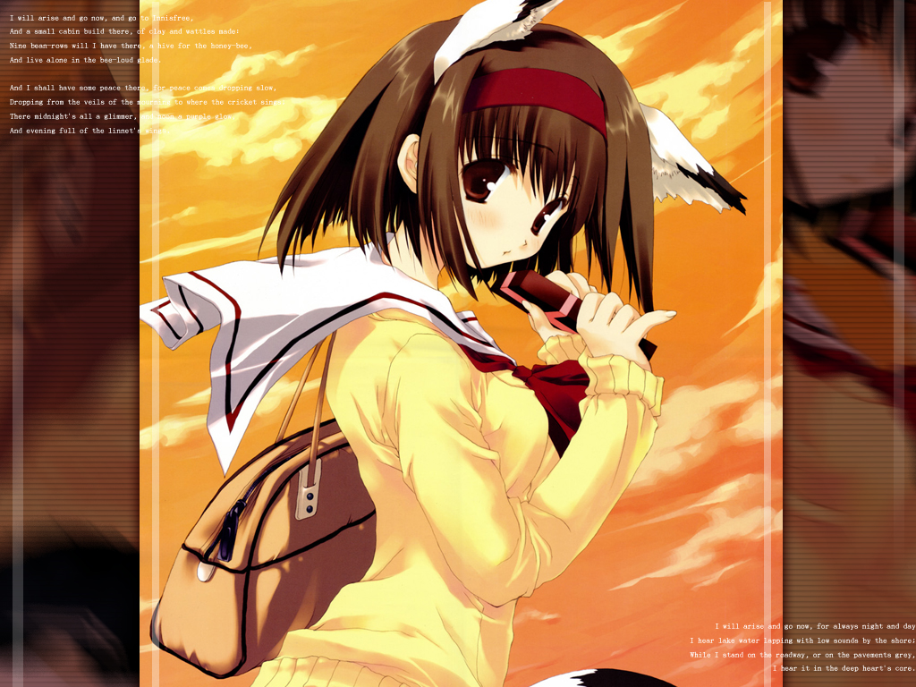 mitsumi misato, animal ears, bag, brown eyes, brown hair, cat ears, chocolate, headband, school uniform, serafuku, short hair