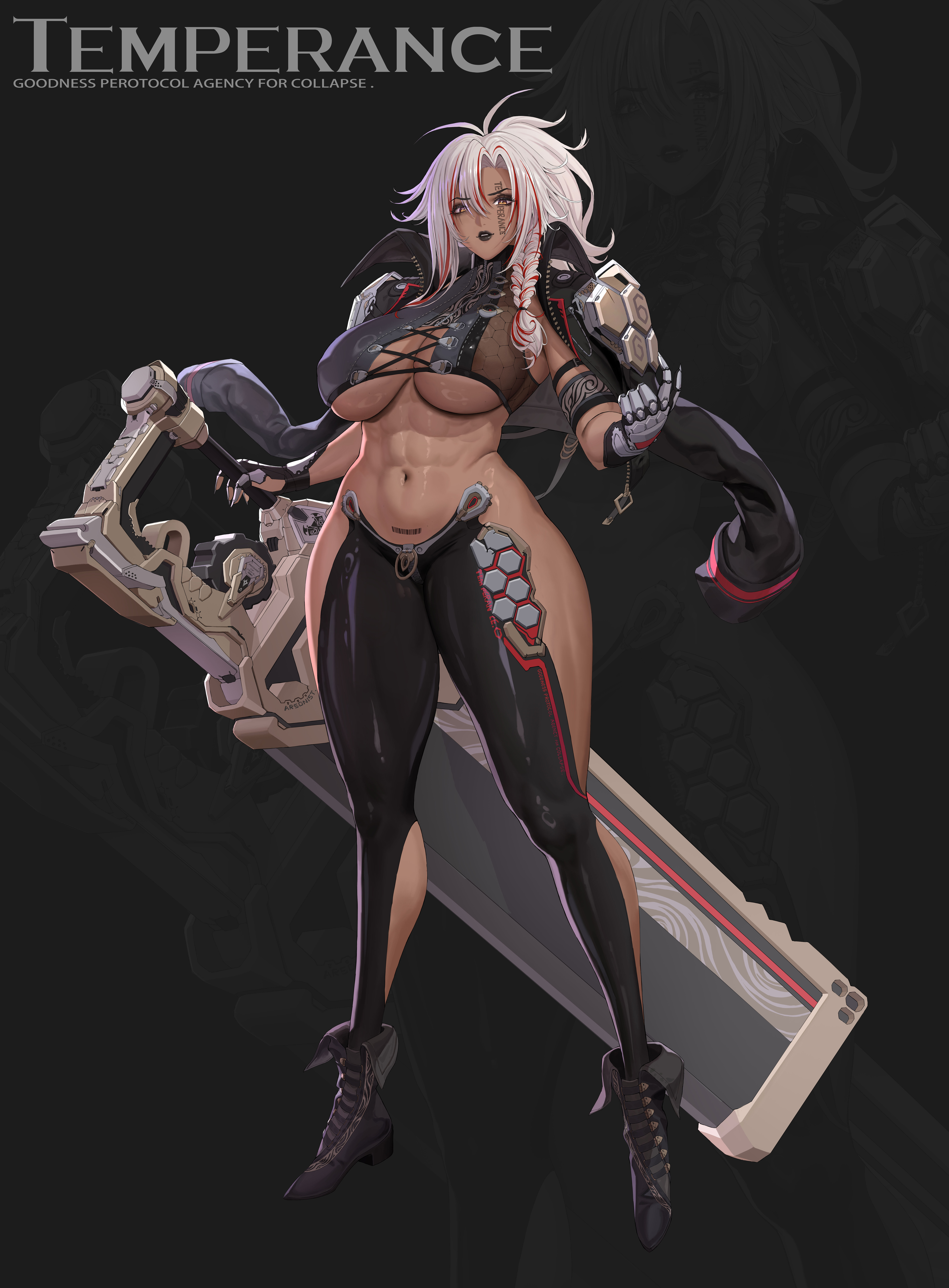 hui z jie, original, absurdres, chinese commentary, commentary request, highres, 1girl, abs, ankle boots, antenna hair, black boots, black jacket, black pants, boots, braid, breasts, character name, cleavage, crop top, dark-skinned female, dark skin, full body, high collar, holding, holding weapon, huge weapon, jacket, jacket on shoulders, large breasts, long hair, looking at viewer, mechanical hands, navel, pants, red streaks, revealing clothes, science fiction, simple background, skin tight, underboob, unzipped, weapon, white hair
