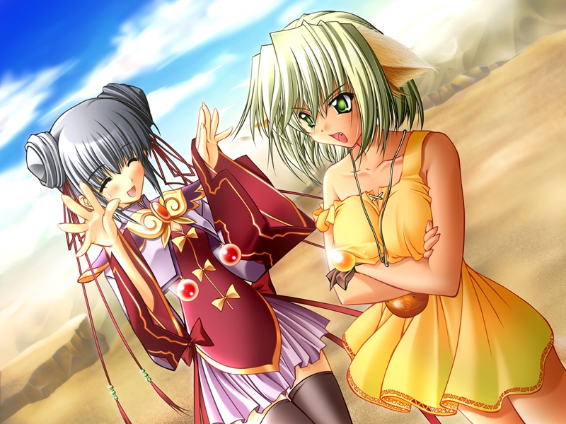 carnelian, moldavite, angry, animal ears, black hair, cat ears, green eyes, green hair, short hair, tan, thighhighs