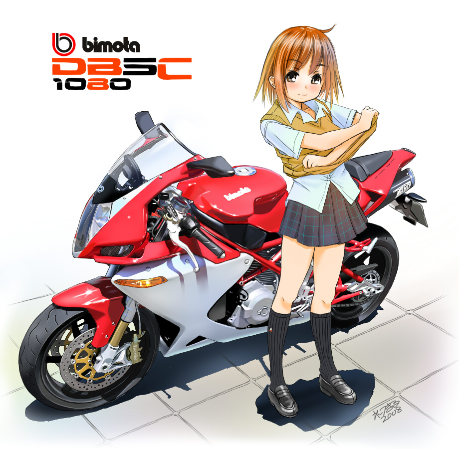 retsumaru, original, 1girl, bimota, full body, looking at viewer, medium hair, motor vehicle, motorcycle, orange vest, pavement, school uniform, shirt, solo, standing, undressing, vest, white shirt