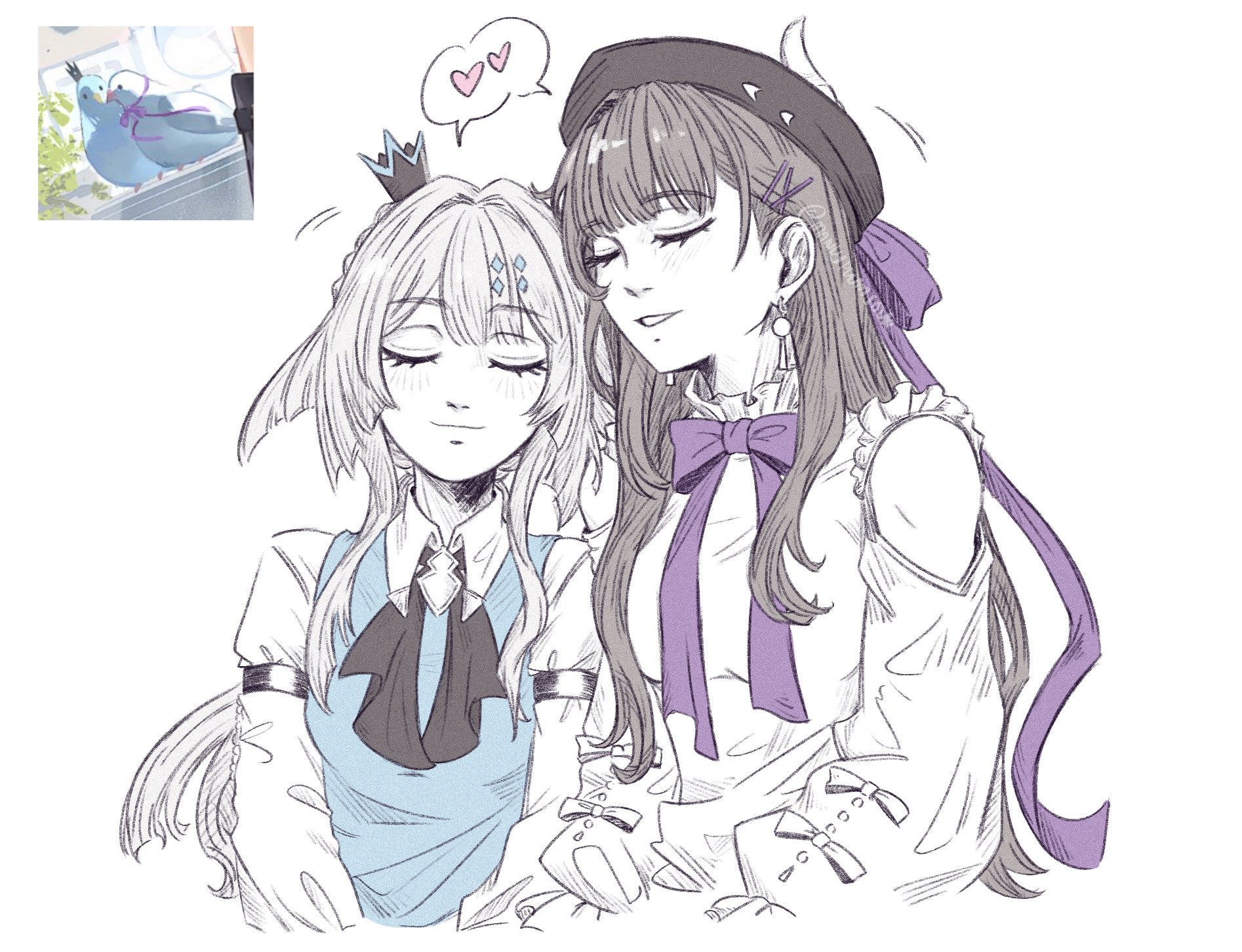 cerydra (honkai: star rail), hysilens (honkai: star rail), honkai: star rail, honkai (series), commentary, highres, 2girls, arm strap, ascot, bare shoulders, beret, black ascot, black hat, blue vest, bow, bowtie, closed eyes, clothing cutout, crown, grey hair, grin, hair ornament, hair ribbon, hairclip, hat, long hair, long sleeves, manlyplumsour, mini crown, multiple girls, purple bow, purple bowtie, purple ribbon, ribbon, shirt, shoulder cutout, simple background, smile, upper body, very long hair, vest, white background, white shirt, yuri