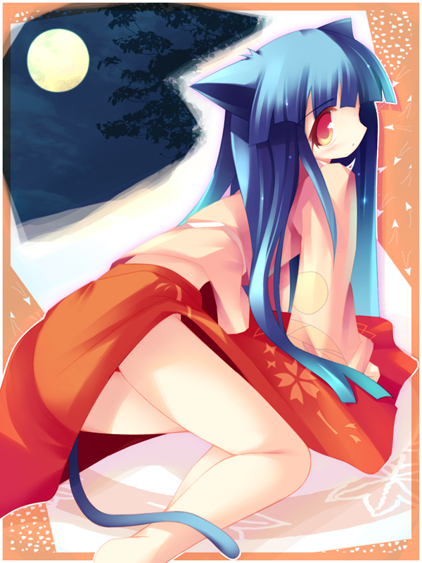 ai takurou, houraisan kaguya, touhou, 1girl, animal ears, bare legs, blue hair, blush, branch, cat ears, cat girl, cat tail, female focus, full moon, kemonomimi mode, long hair, looking back, moon, night, red eyes, skirt, sky, solo, tail, tree