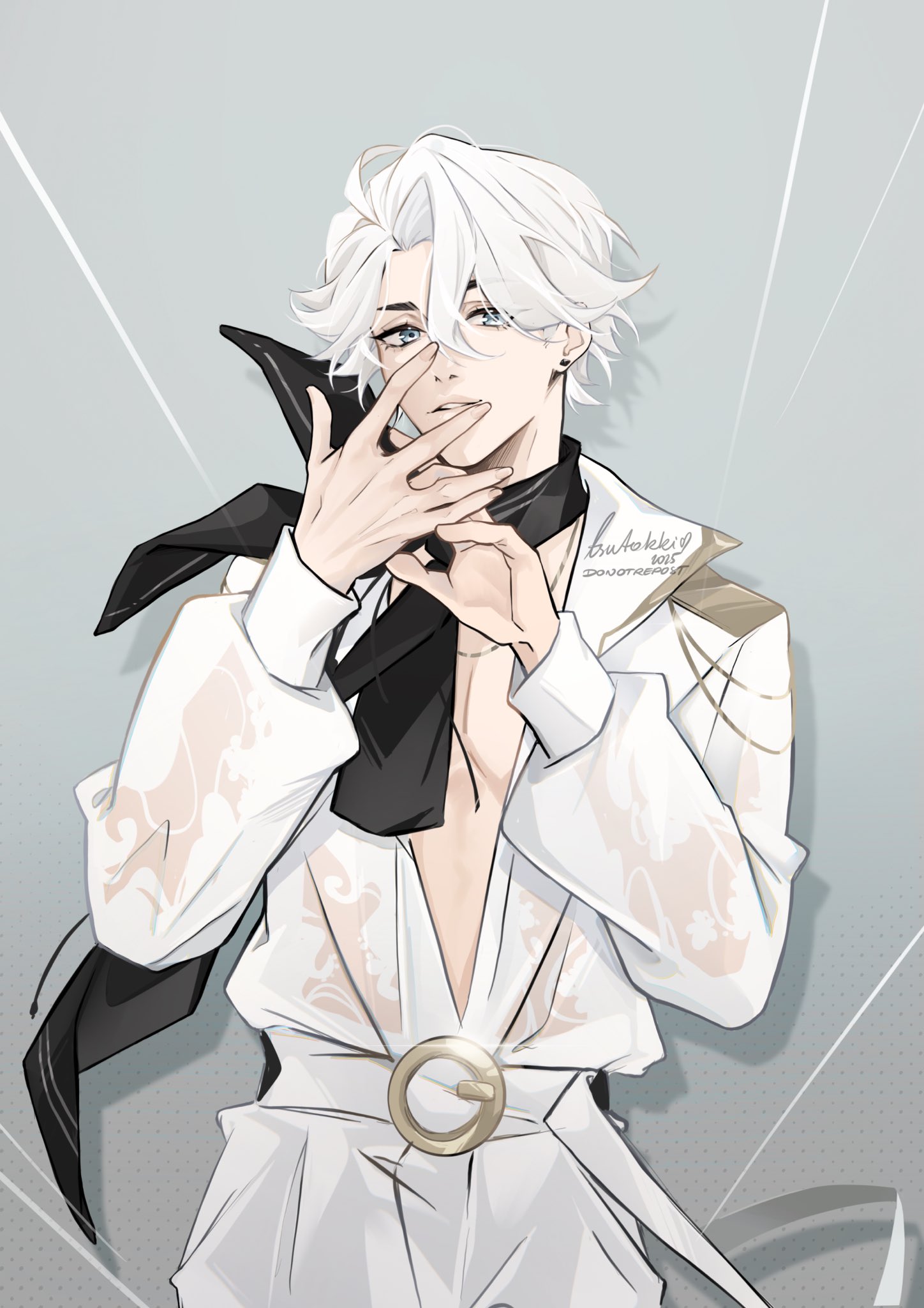 tsutokki, nice (to be hero x), to be hero, to be hero x, highres, 1boy, bandana, black bandana, blue eyes, chain, chain necklace, curtained hair, ear piercing, gold trim, jewelry, male focus, necklace, open clothes, open shirt, pants, piercing, shirt, solo, white hair, white pants, white shirt