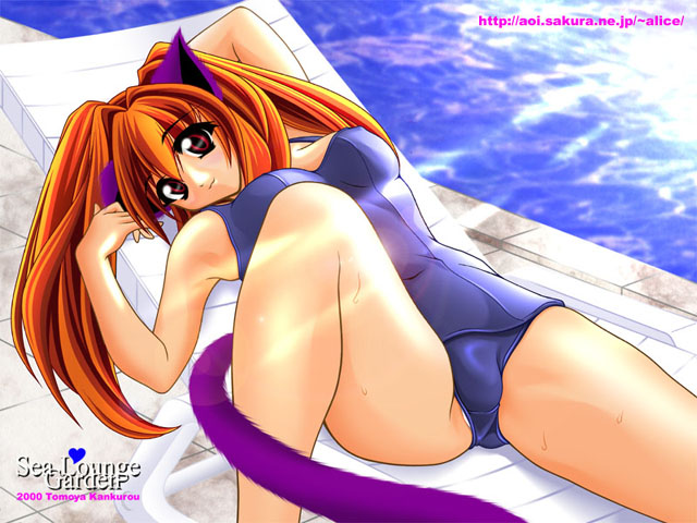 sea lounge garden, tomoya kankurou, shiruru, animal ears, cat ears, cat tail, chair, lounge chair, one-piece swimsuit, red eyes, red hair, school swimsuit, swimsuit, tail