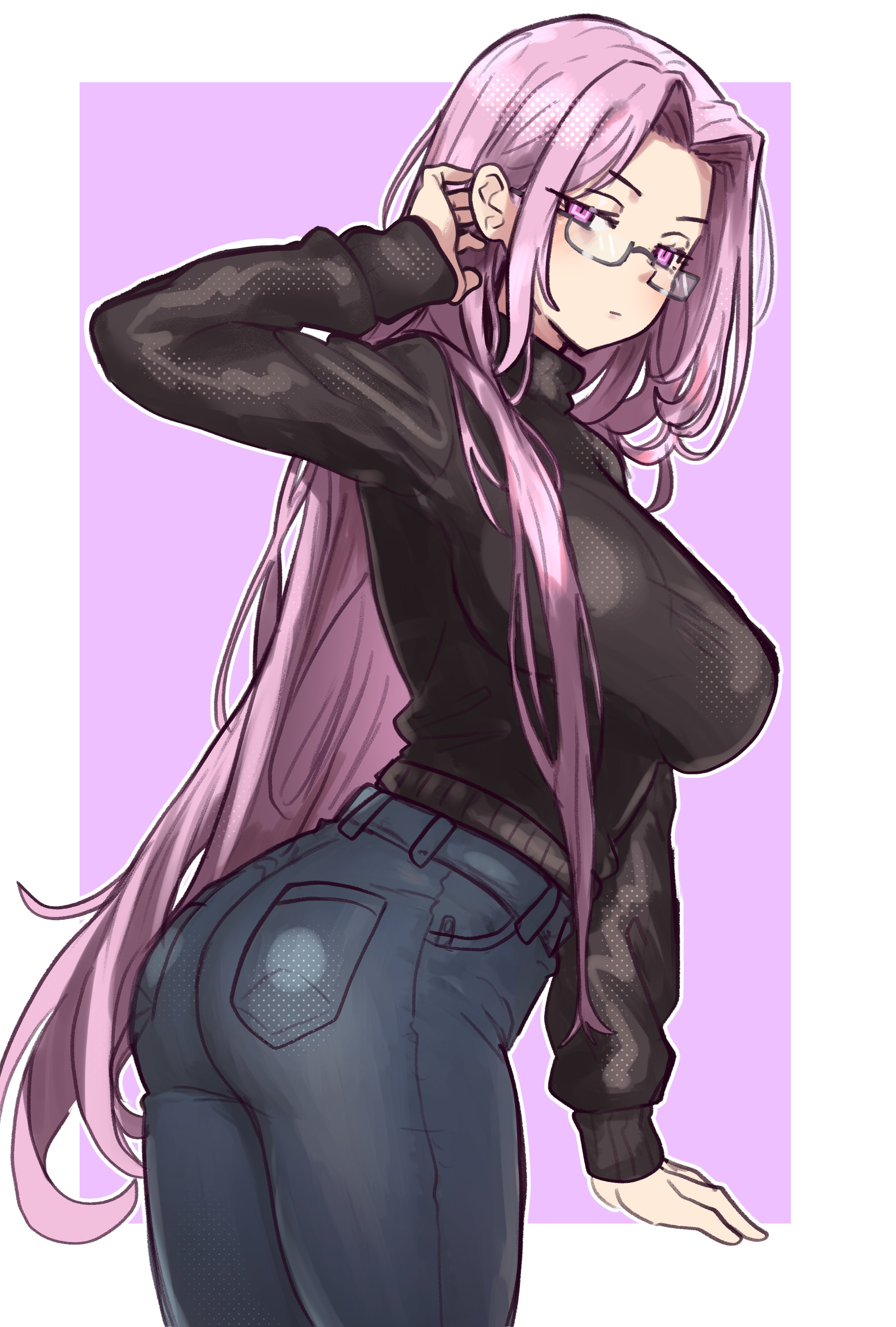 ebora, medusa (fate), medusa (rider) (fate), fate/stay night, fate (series), absurdres, bad link, highres, 1girl, ass, black sweater, blue pants, border, breasts, denim, forehead, from side, glasses, jeans, large breasts, long hair, long sleeves, looking at viewer, looking back, pants, parted bangs, purple eyes, purple hair, sidelocks, simple background, solo, sweater, very long hair, white background, white border