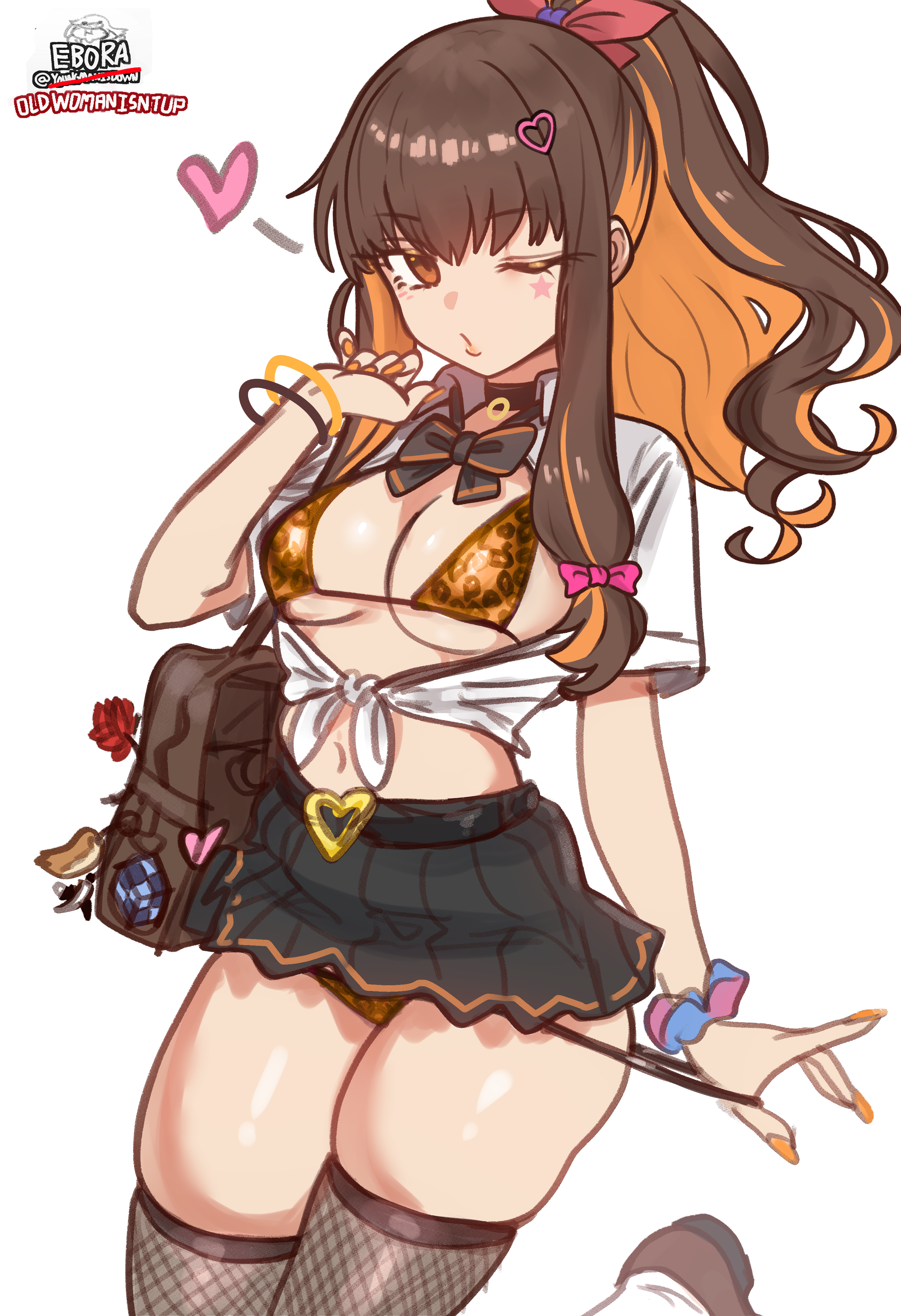 ebora, kishinami hakuno (female), fate/extra, fate (series), absurdres, bad link, highres, 1girl, amesuku gyaru, animal print, bag, bikini, black skirt, black thighhighs, breasts, brown bag, brown eyes, brown hair, center opening, gold bikini, gyaru, hand up, kogal, leopard print, long hair, looking at viewer, navel, one eye closed, panties, panty pull, ponytail, shirt, shoulder bag, sidelocks, skirt, small breasts, solo, swimsuit, thighhighs, thighs, tied shirt, underwear, white background, white shirt, yellow bikini, yellow eyes
