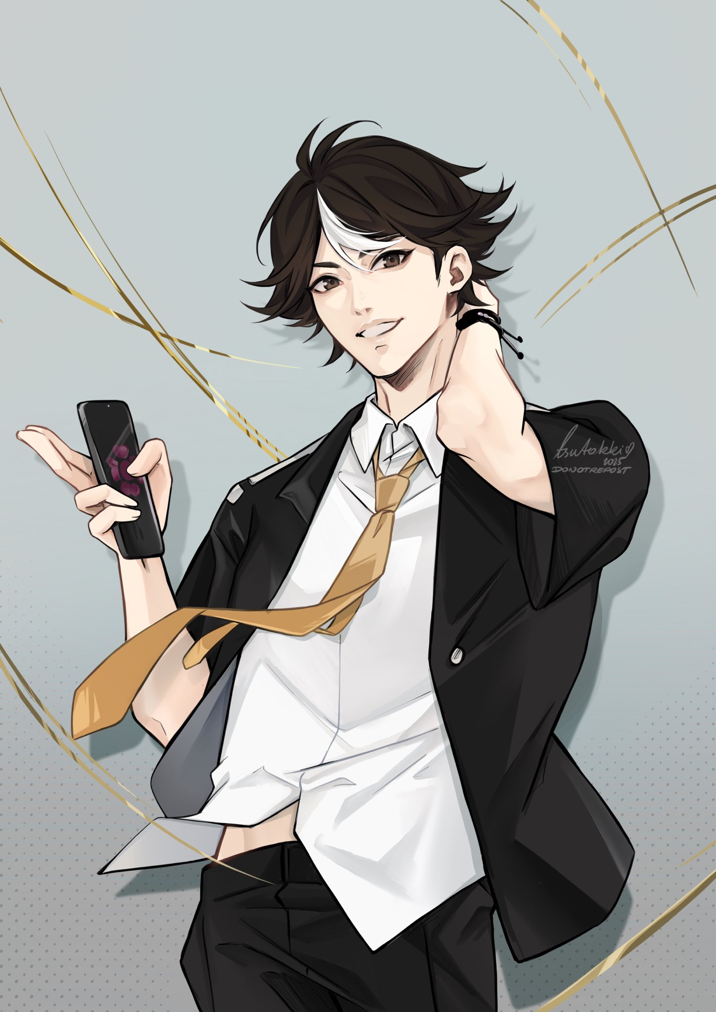 tsutokki, lin ling (to be hero x), to be hero, to be hero x, highres, 1boy, black jacket, black pants, bracelet, brown eyes, brown hair, holding, holding phone, jacket, jewelry, male focus, necktie, pants, phone, scratching neck, shirt, single hair streak, solo, white shirt, yellow necktie