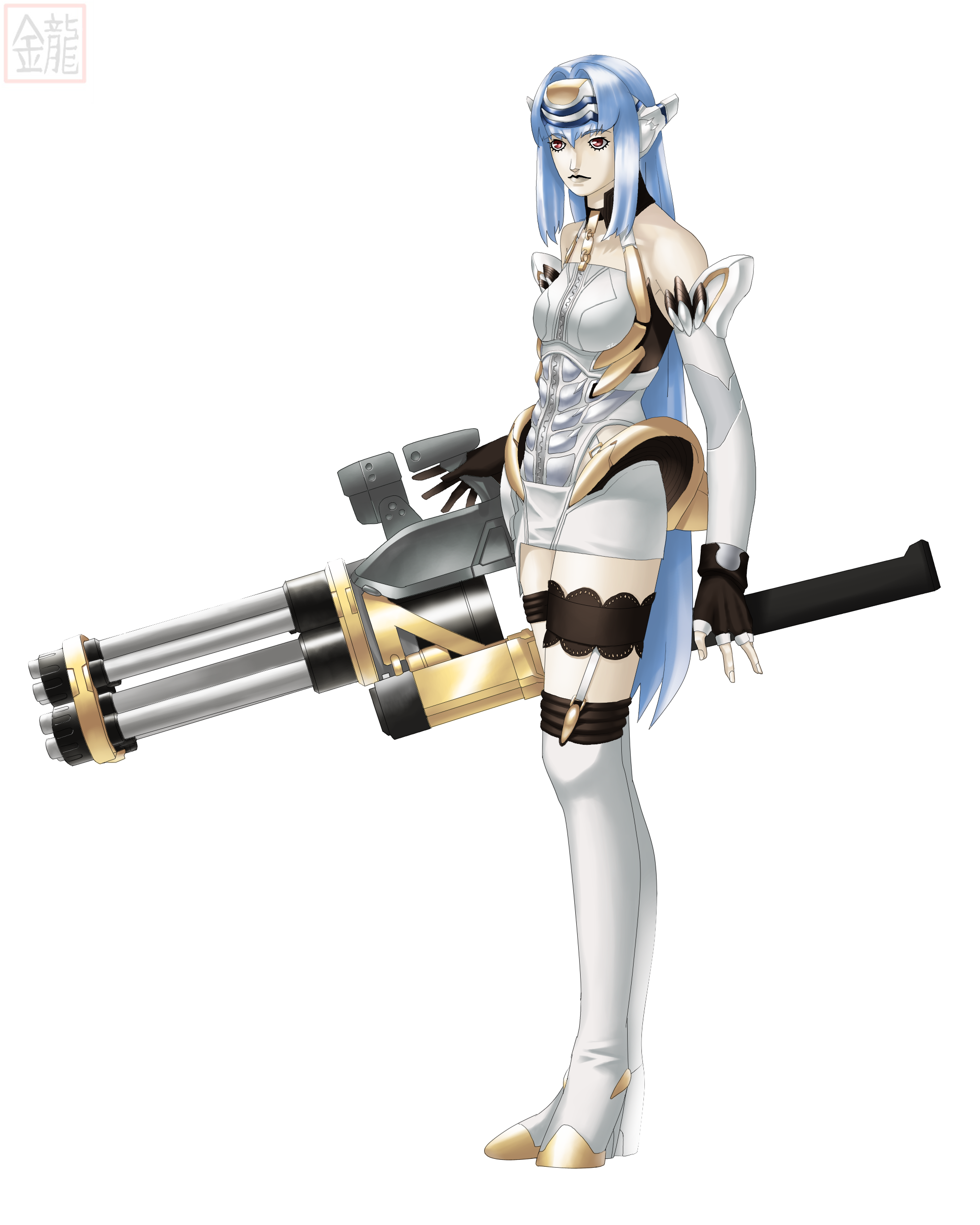 kos-mos, shin megami tensei, xenosaga, absurdres, highres, arms at sides, blue hair, boots, breasts, elbow gloves, fingerless gloves, forehead protector, full body, garter straps, gatling gun, gloves, gun, high heel boots, high heels, holding, holding gun, holding weapon, j.c. (user kzfw8448), kazuma kaneko (style), long hair, parody, red eyes, small breasts, solo, standing, style parody, thigh boots, very long hair, weapon, white background