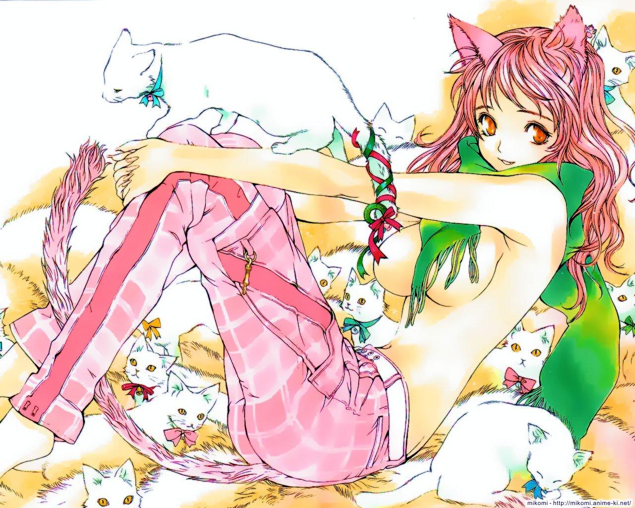 oogure ito, satomi (majin devil), satomi (majin ~devil~), majin devil, majin ~devil~, official art, official wallpaper, 1girl, animal ears, armpits, barefoot, bell, belt, bow, bowtie, breasts, cat, cat ears, cat tail, censored, convenient censoring, female focus, green scarf, hugging own legs, large breasts, long hair, own hands clasped, own hands together, pants, pink hair, plaid clothes, plaid pants, reclining, red eyes, ribbon, scarf, scarf over breasts, smile, solo, tail, tail ornament, tail ribbon, too many, too many cats, topless female, watermark, wavy hair, web address, white cat