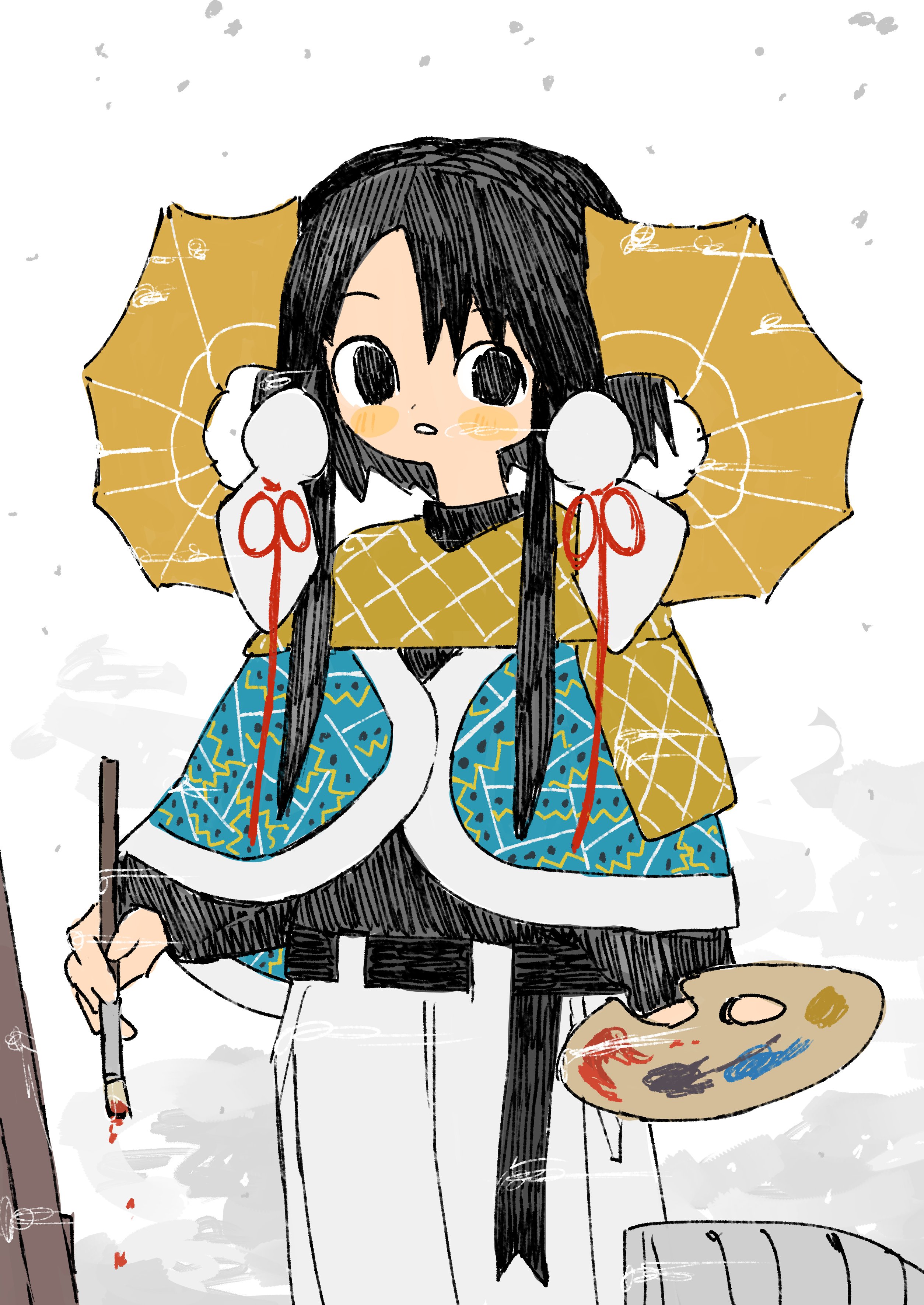 neruzou, original, absurdres, highres, 1girl, belt, black eyes, black hair, blue capelet, capelet, cowboy shot, holding, holding paint palette, holding paintbrush, horn cover, horns, long hair, long sleeves, looking at viewer, paint palette, paintbrush, parted lips, scarf, sheep horns, solo, standing