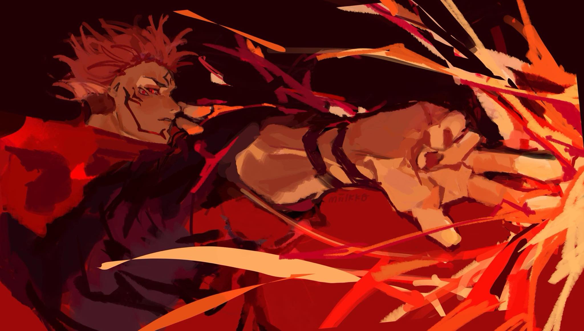 ryoumen sukuna (jujutsu kaisen), jujutsu kaisen, gesture request, highres, 1boy, burning, extra eyes, facial mark, fire, from behind, glaring, hood, hood down, imminent attack, jujutsu tech uniform, looking back, male focus, miilkk0, painterly, pink hair, red eyes, red hood, serious, short hair, sideburns, solo, spiked hair, two-tone hoodie, upper body