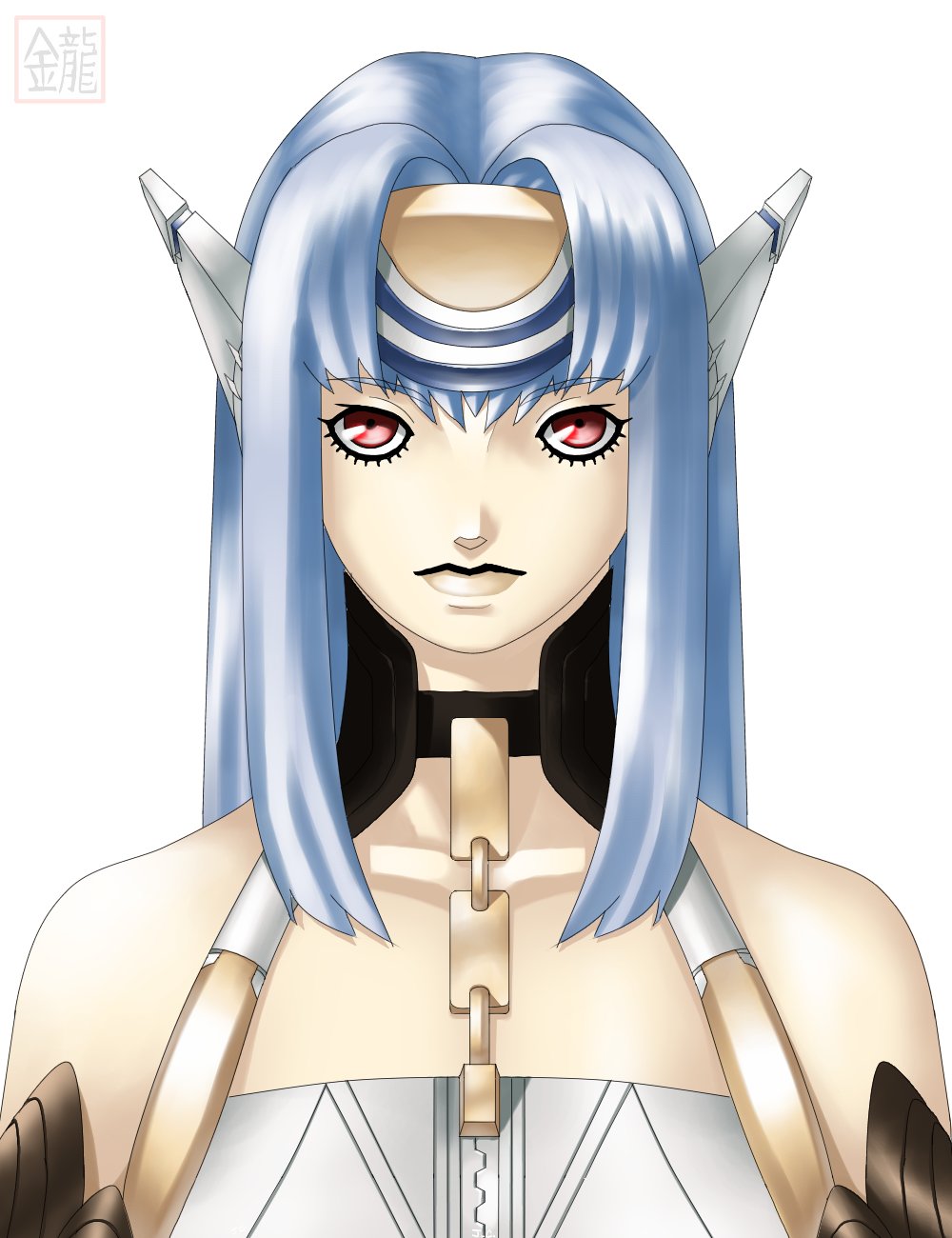 kos-mos, shin megami tensei, xenosaga, highres, 1girl, arms at sides, blue hair, forehead protector, j.c. (user kzfw8448), kazuma kaneko (style), looking at viewer, parody, red eyes, solo, straight-on, style parody, white background