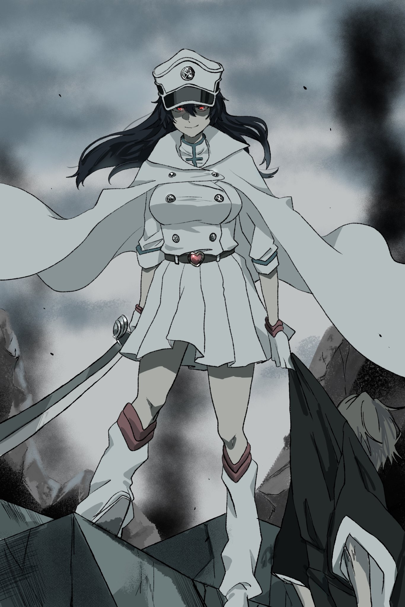 nil note0, bambietta basterbine, bleach, bleach: sennen kessen-hen, commentary, highres, 1girl, belt, black belt, black hair, blurry, blurry background, boots, breasts, buttons, cape, closed mouth, cloud, cloudy sky, double-breasted, evil smile, fighting stance, floating cape, floating hair, full body, hair between eyes, hat, heart belt, holding, holding sword, holding weapon, jacket, large breasts, long hair, long sleeves, looking at viewer, military hat, military uniform, miniskirt, outdoors, peaked cap, pleated skirt, red eyes, skirt, sky, smile, solo, standing, sword, weapon, white boots, white cape, white hat, white jacket, white skirt, wind