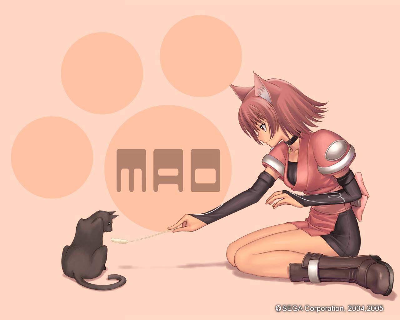 mao (shining tears), sega, shining (series), shining tears, animal ears, boots, bow, brown eyes, brown hair, cat, cat ears, cat tail, collar, game, gloves, knee boots, red hair, short hair, tail, typha