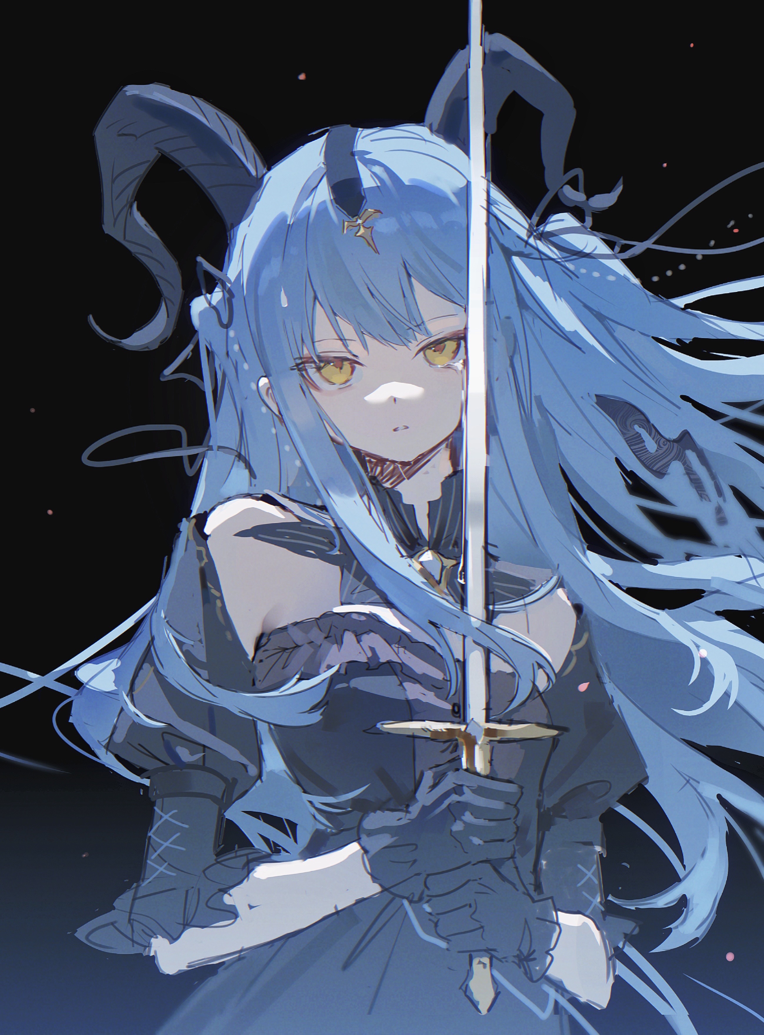 sanyue xun, togawa sakiko, arknights, bang dream!, bang dream! it's mygo!!!!!, absurdres, highres, 1girl, black background, black dress, black gloves, black horns, black ribbon, blue hair, crying, crying with eyes open, curled horns, detached collar, dress, gloves, gradient background, hair ribbon, holding, holding sword, holding weapon, horns, long hair, looking at viewer, parted lips, ribbon, sidelocks, solo, sword, tears, togawa sakiko (master of melodia), two side up, upper body, weapon, wind, yellow eyes