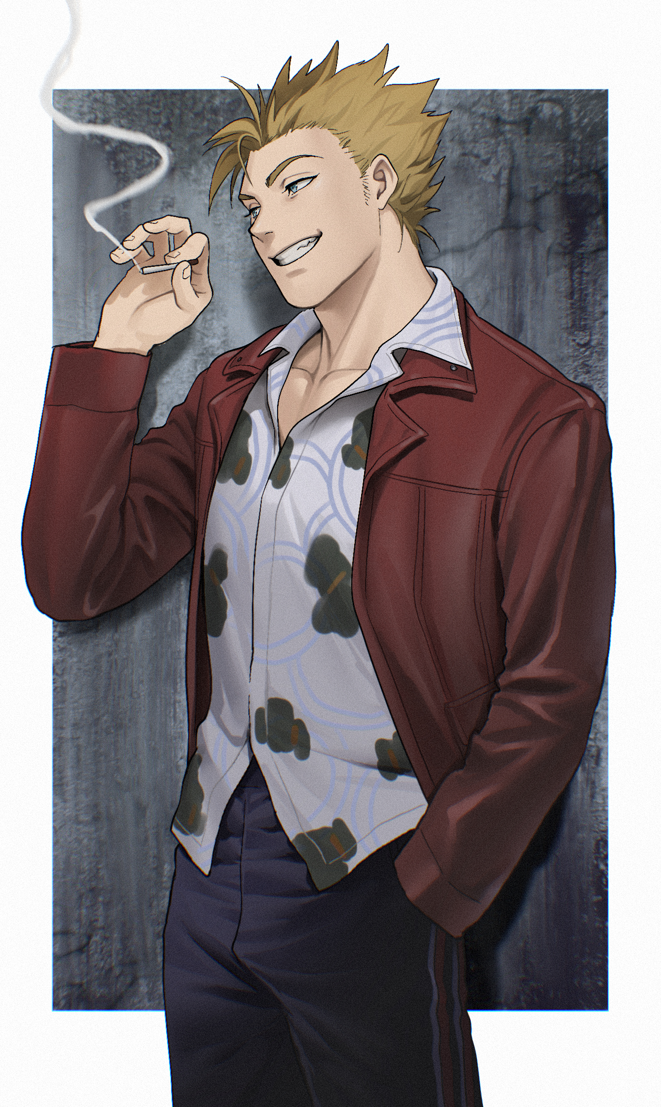 bitaro, jacky bryant, tyler durden, fight club, virtua fighter, highres, 1boy, blonde hair, blue eyes, blue pants, cigarette, cosplay, grin, hand in pocket, hawaiian shirt, holding, holding cigarette, jacket, leather, leather jacket, looking to the side, male focus, muscular, pants, pectoral cleavage, pectorals, red jacket, shirt, short hair, smile, smoke, smoke trail, solo, spiked hair, track pants, tyler durden (cosplay), untucked shirt