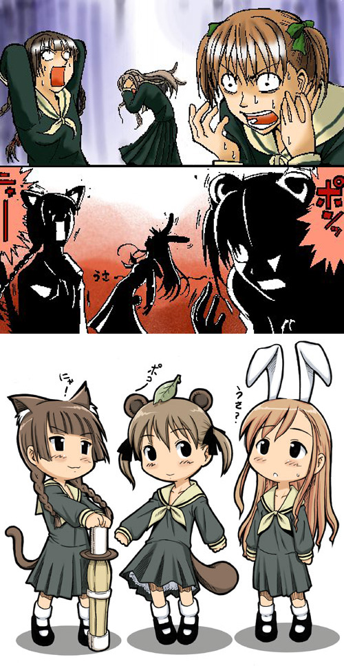 fukuzawa yumi, shimazu yoshino, toudou shimako, maria-sama ga miteru, 00s, animal ears, braid, brown hair, cat ears, chibi, comic, dress, long hair, necktie, plait, rabbit ears, raccoon ears, school uniform, serafuku, twintails